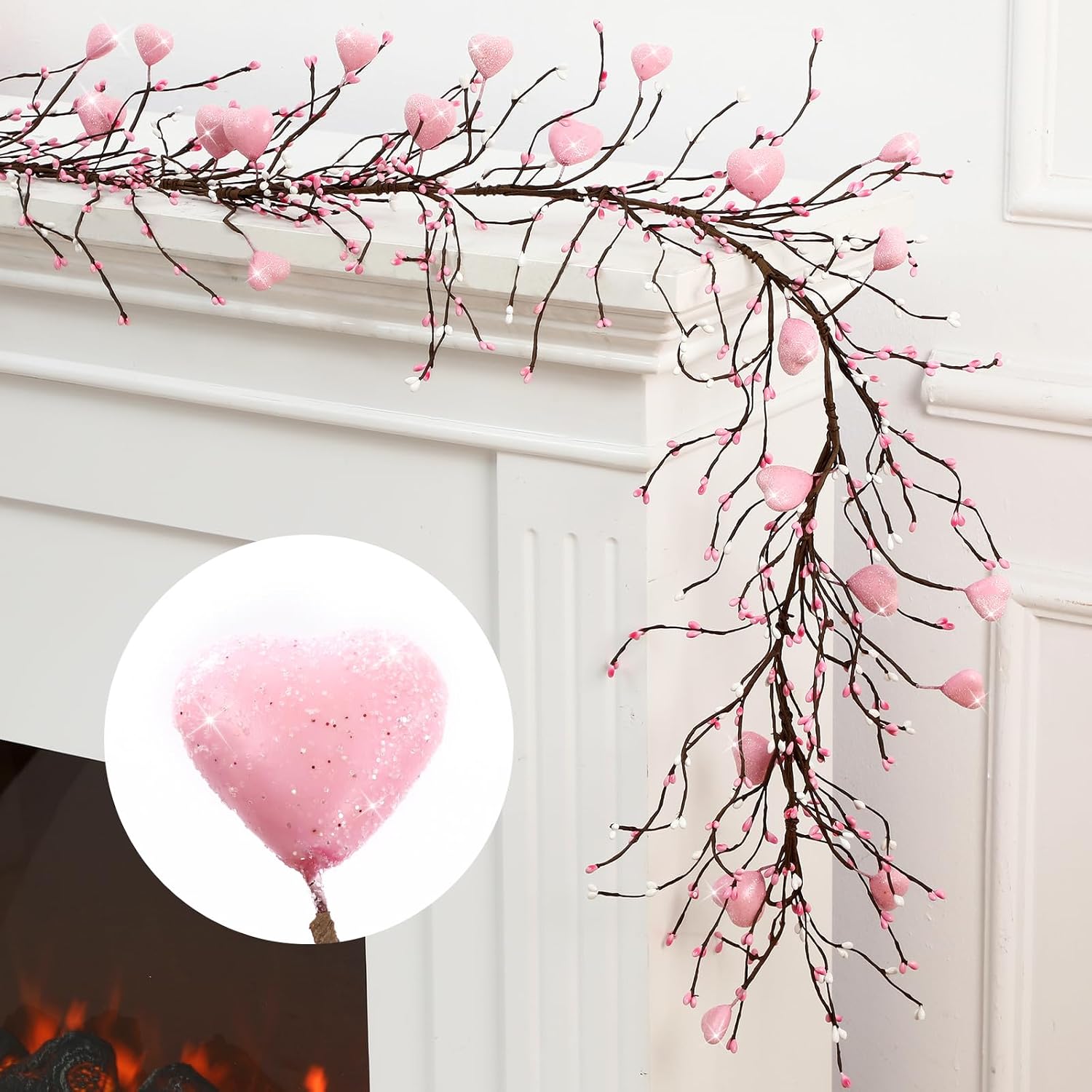 Valentine's Day Glitter Garland with 30 Fairy Lights 4.5ft Pip Berry Cherry Blossom Garland LED Christmas Lights for Valentine's Day Wedding Party (Pink)