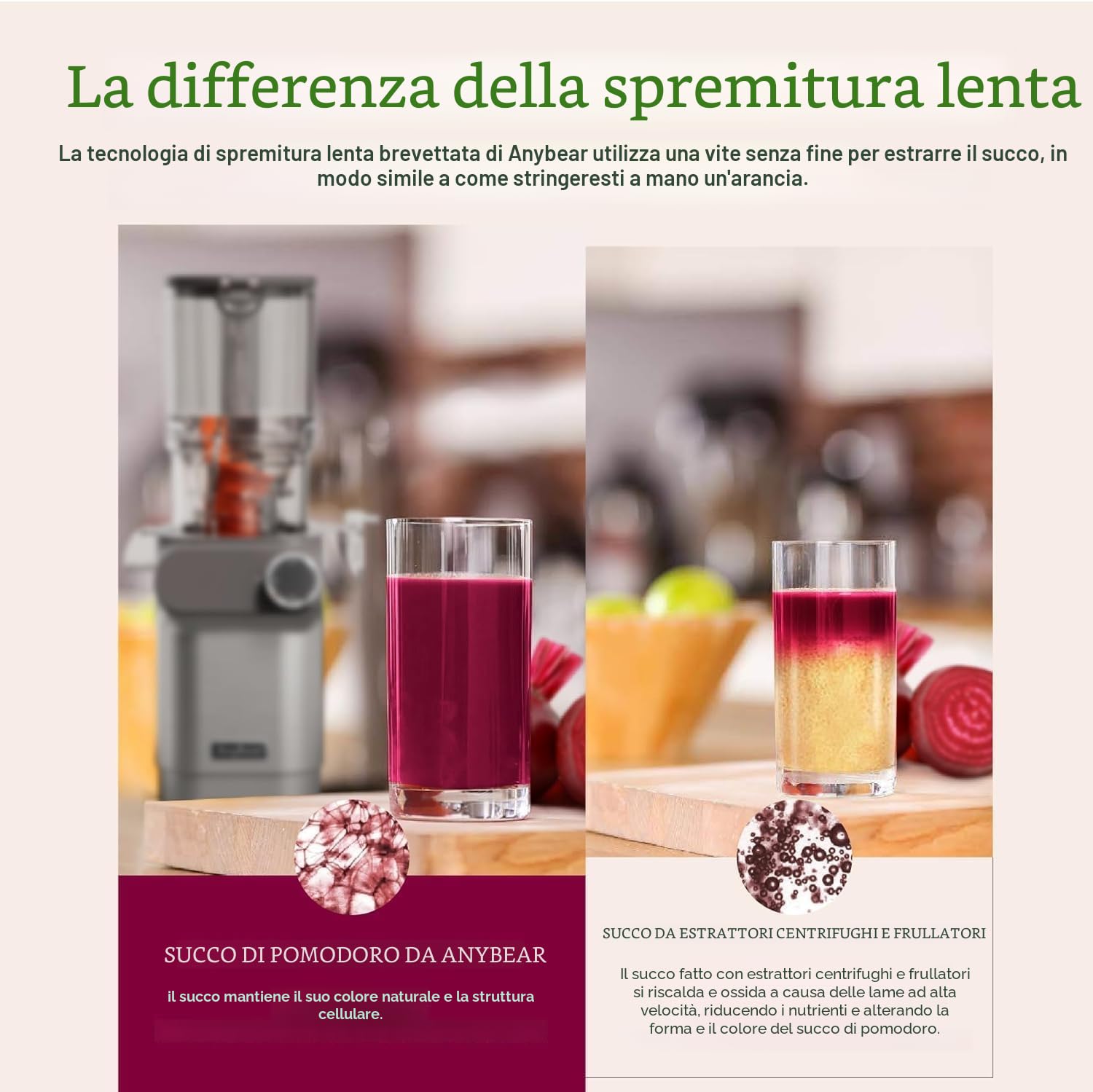 Anybear Estrattore di Succo, 200W Juicer, Spremiagrumi a Freddo, con Vano di Riempimento da 110 mm, per Frutta e Verdura Intera, Coclea Potenziata, Materiale Tritan, Senza BPA (Argento E Arancione)
