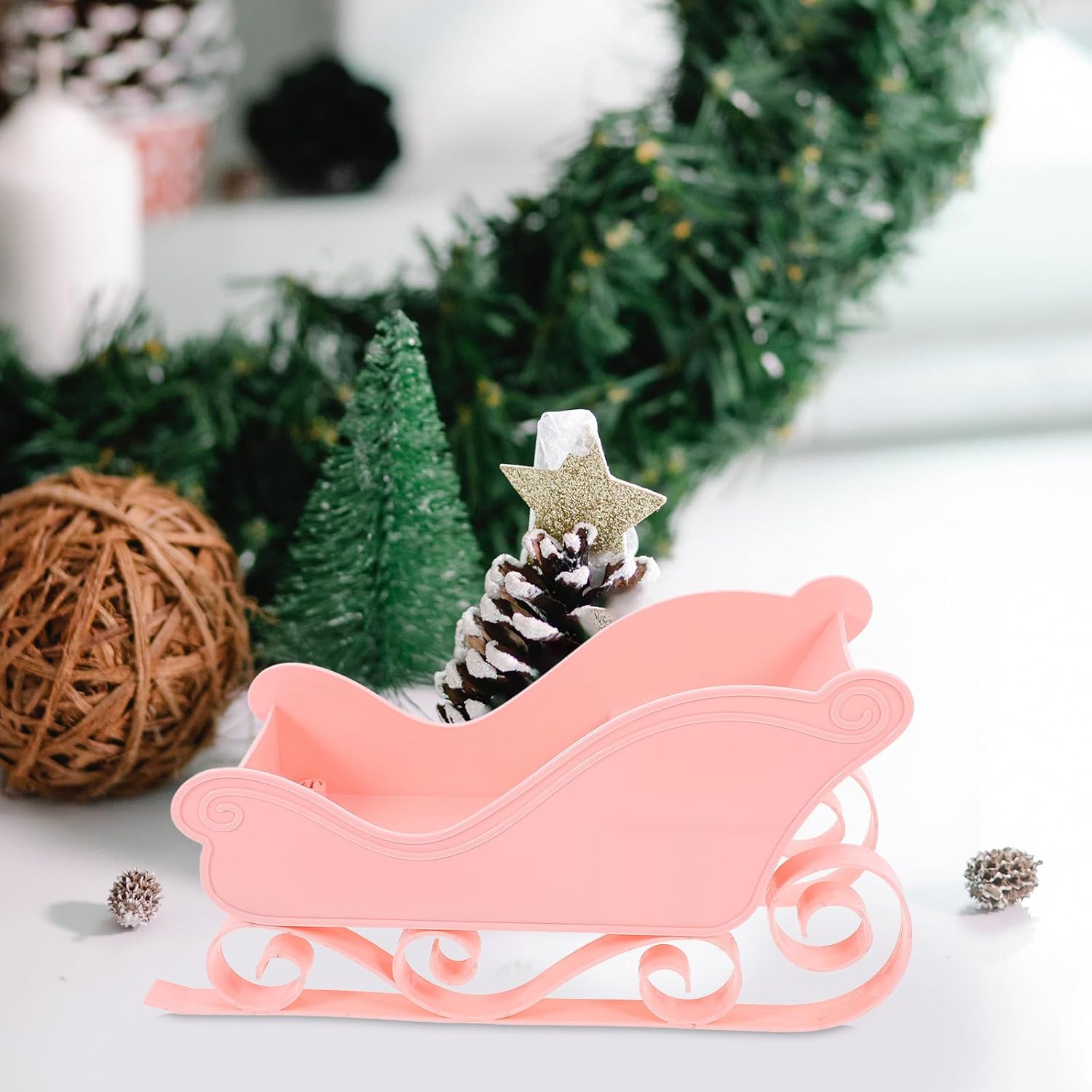 Pink Miniature Christmas Sleigh Ornament for Tree and Desktop Display