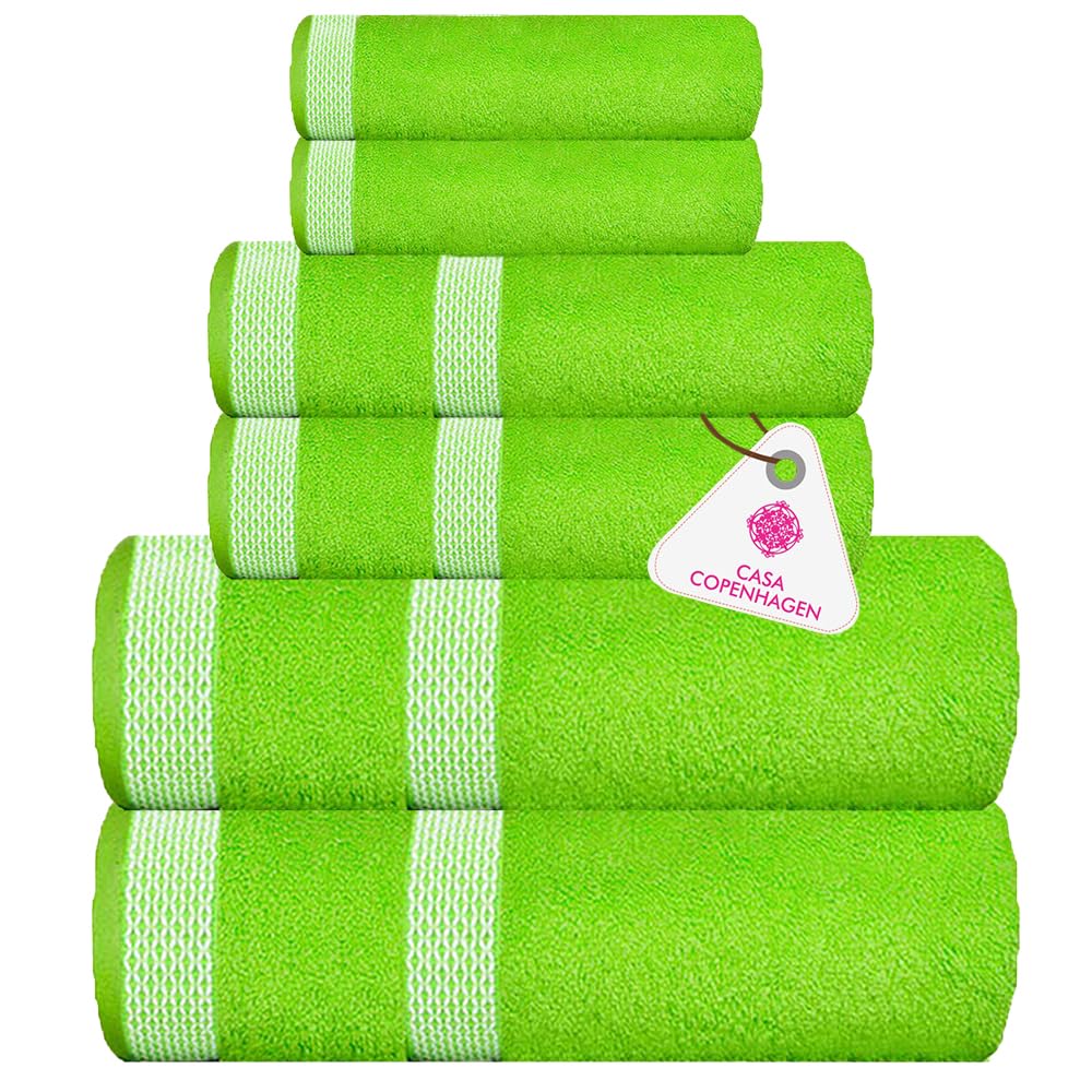CASA COPENHAGEN Solitaire 6 Pieces Towel Set- Lime Green, 600 GSM 2 Bath Towel 2 Hand Towel 2 Washcloth, Designed in Denmark Made of Soft Egyptian
