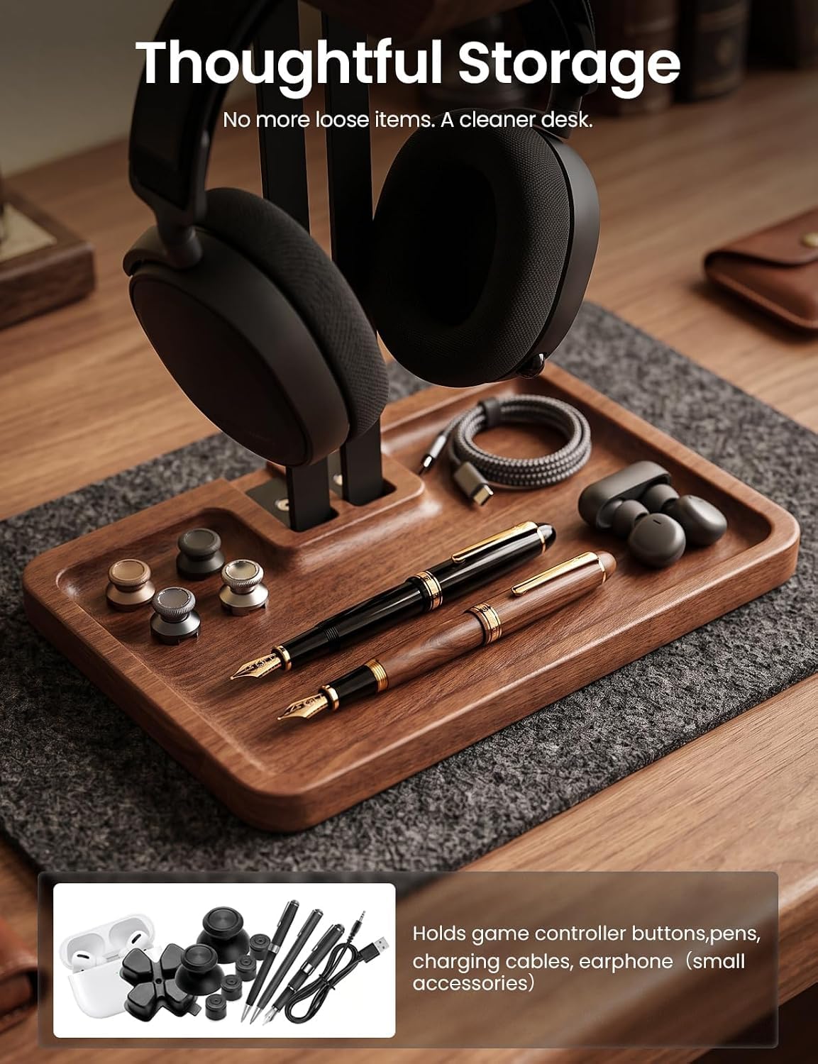 LOXP Supporto per cuffie e controller in noce, 2 in 1, in legno massello, con base di stoccaggio, adatto per controller Xbox PS5, organizer da scrivania per giocatori