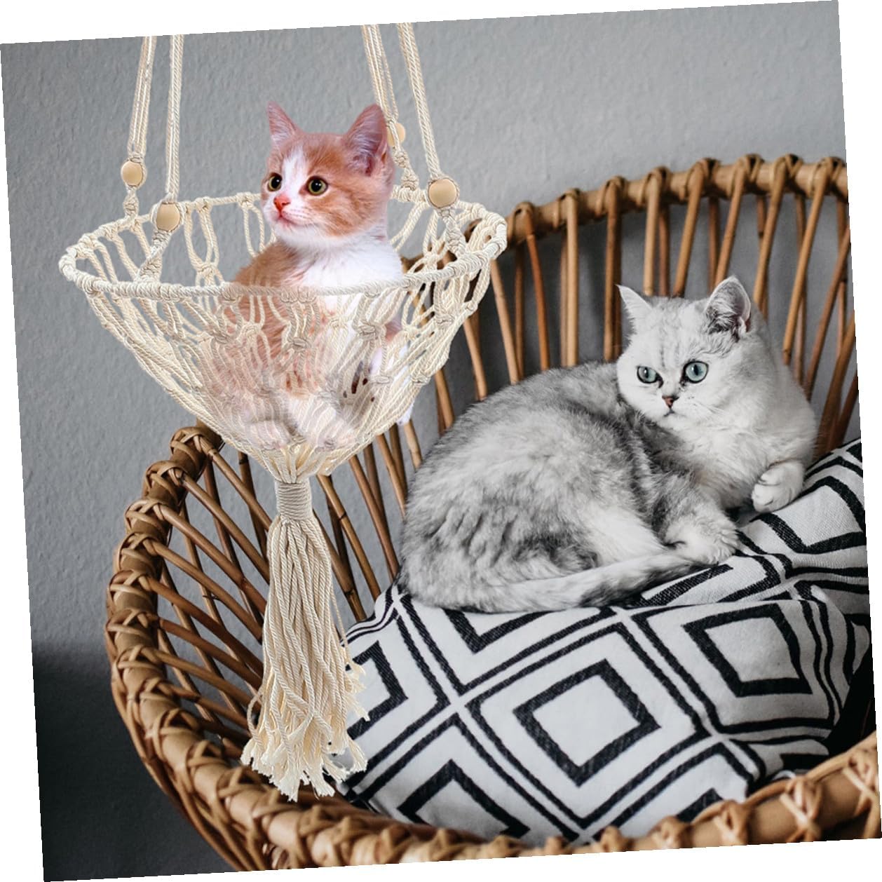 Luxshiny Hanging Cat Hammock Bed 40cm Bohemian Woven Wear-Resistant Cat Nest Pet Mesh Basket to 30lbs