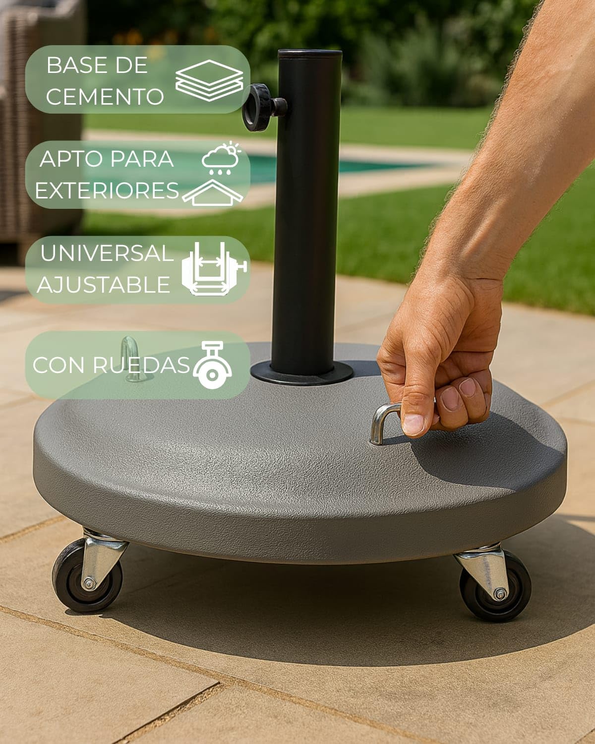 JAMAX Base Sombrilla con Ruedas 25kg Ø50 cm Soporte Parasol Ajustable para Jardín, Terraza o Patio – Base Redonda Resistente con Doble Asa – Uso Exterior e Interior (Gris)