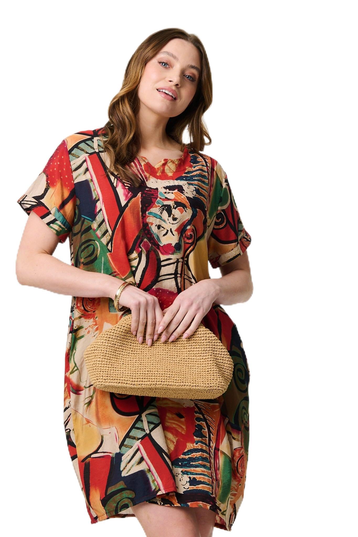 Izabel London Women's Abstract Print Relaxed Short Shift Dress in Orange | Size: Large/XL