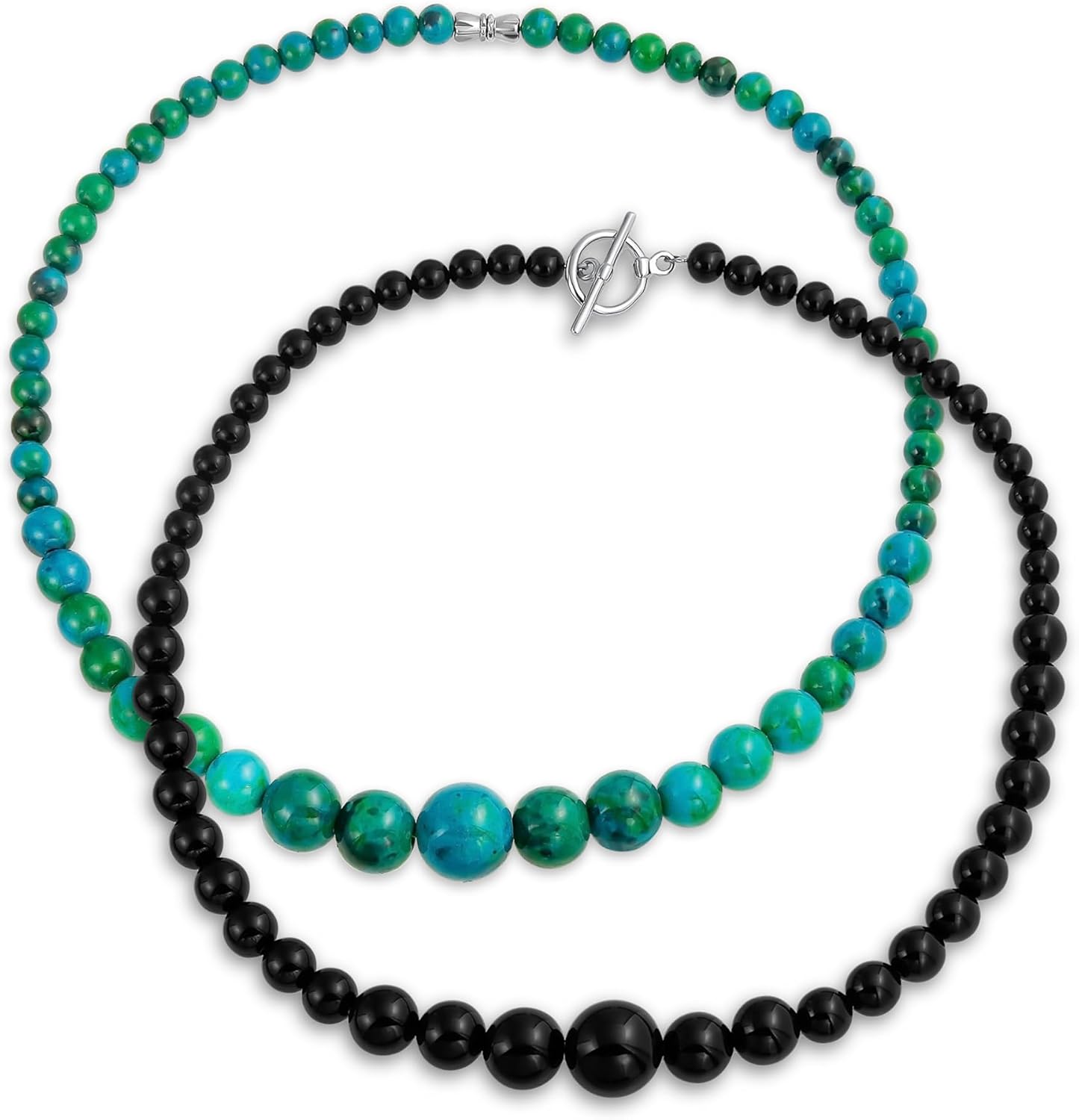 Bling Jewelry Set of Two Classic Graduated Round Bead Ball Green Blue Compressed Turquoise Black Onyx Strand Necklace Western Jewelry For Women Silver Plated