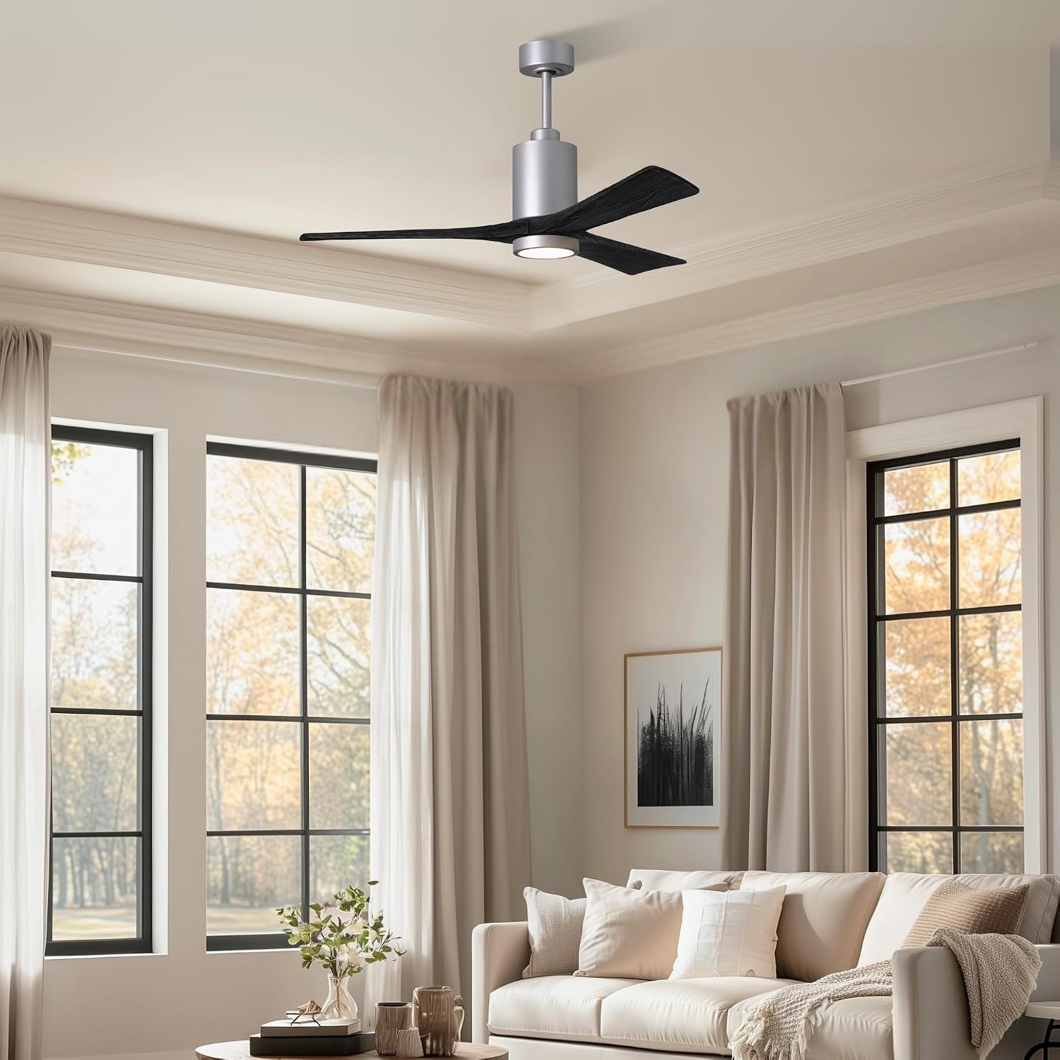 Matthews PA3-BN-BK-52 Patricia Damp Rated 52" Ceiling Fan with Light and Remote & Wall Control, 3 Matte Black Solid Wood Blades, Brushed Nickel