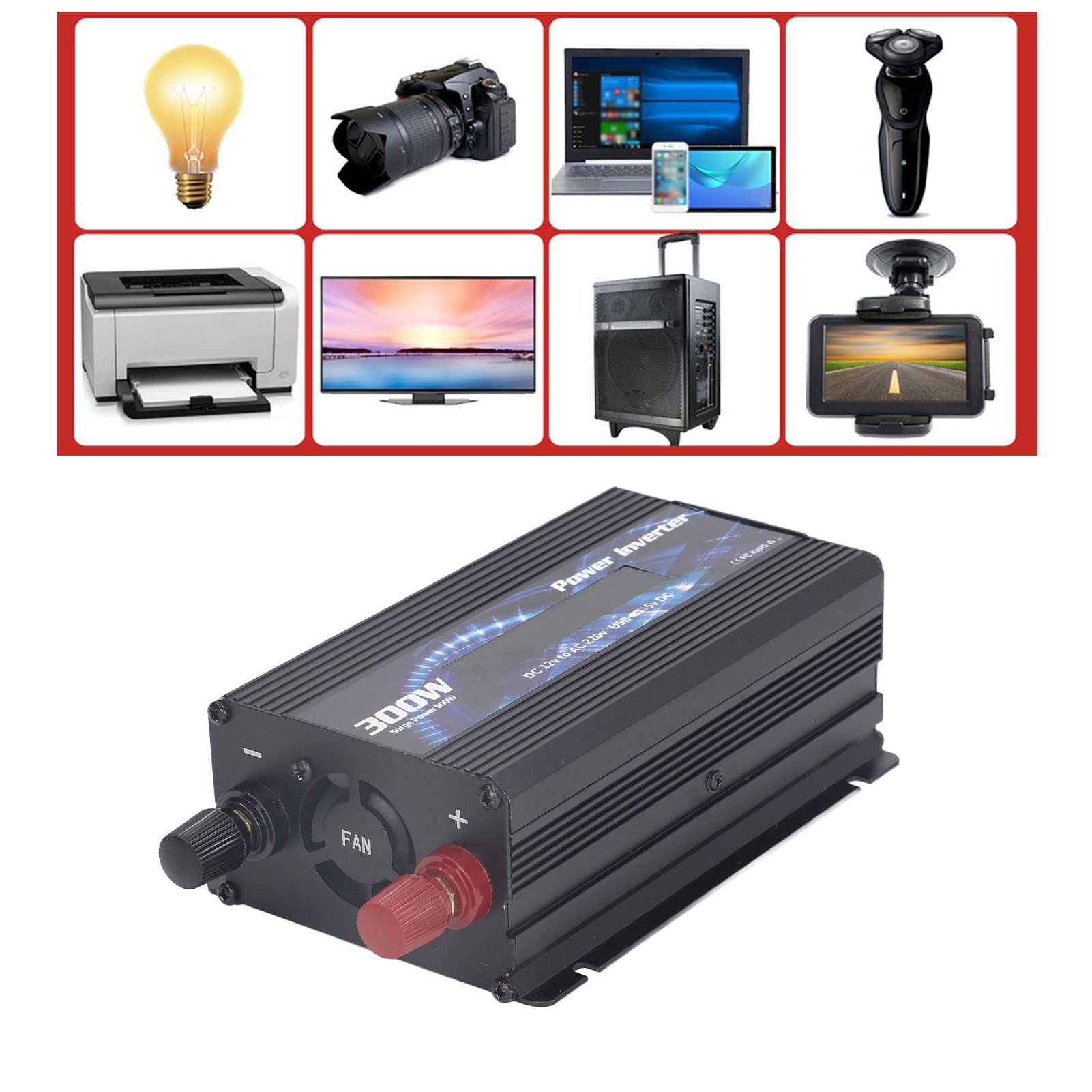 Hyuduo Konwerter Samochodowy Aluminiowy Falownik 300 W DC 12 V na AC 220 V z 2 A USB Wentylator Chłodzący z Wyświetlaczem LCD do Wycieczek Samochodowych Kemping Awaryjne Kopie Zapasowe (BLACK)