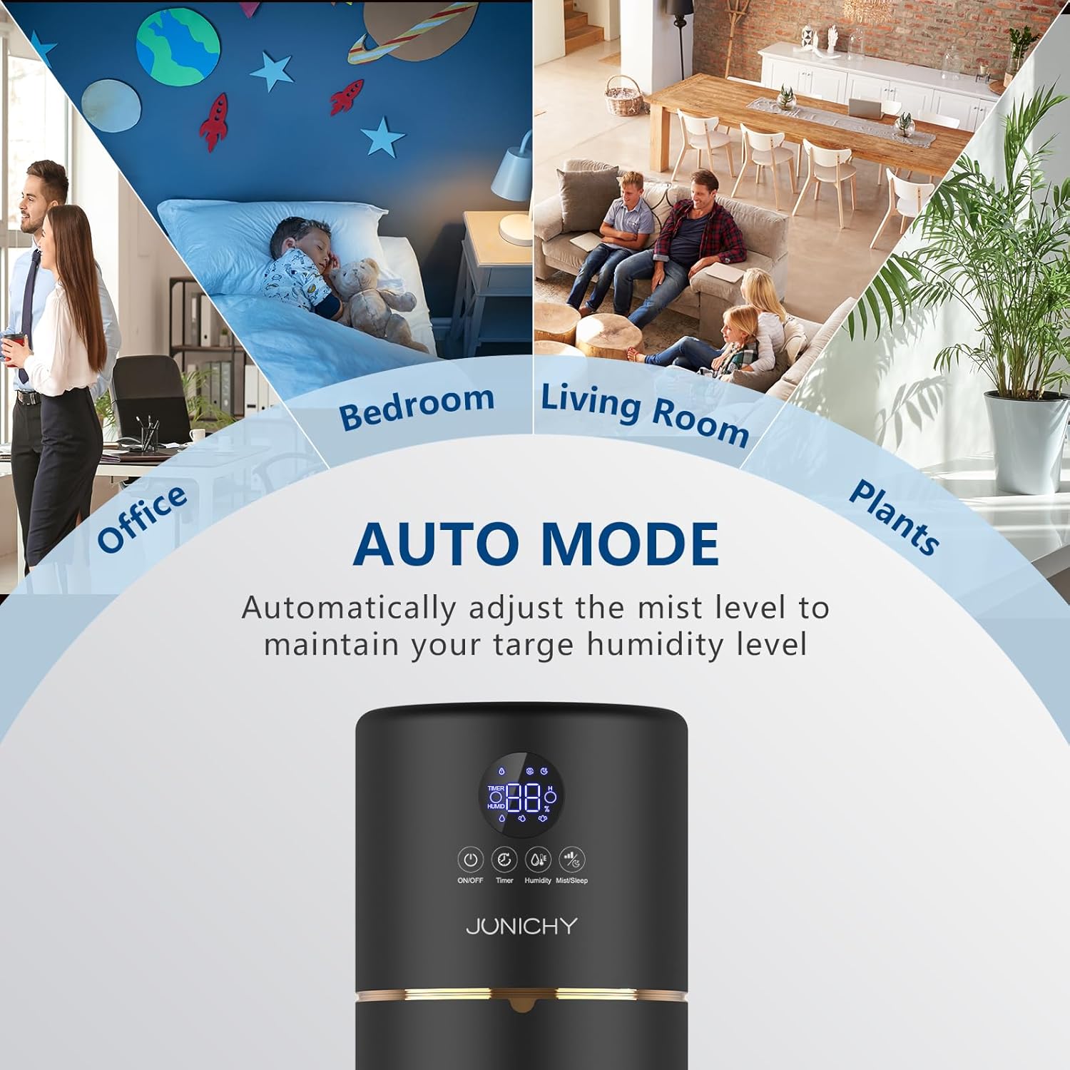 Humidifier in auto mode, adjusting mist level automatically