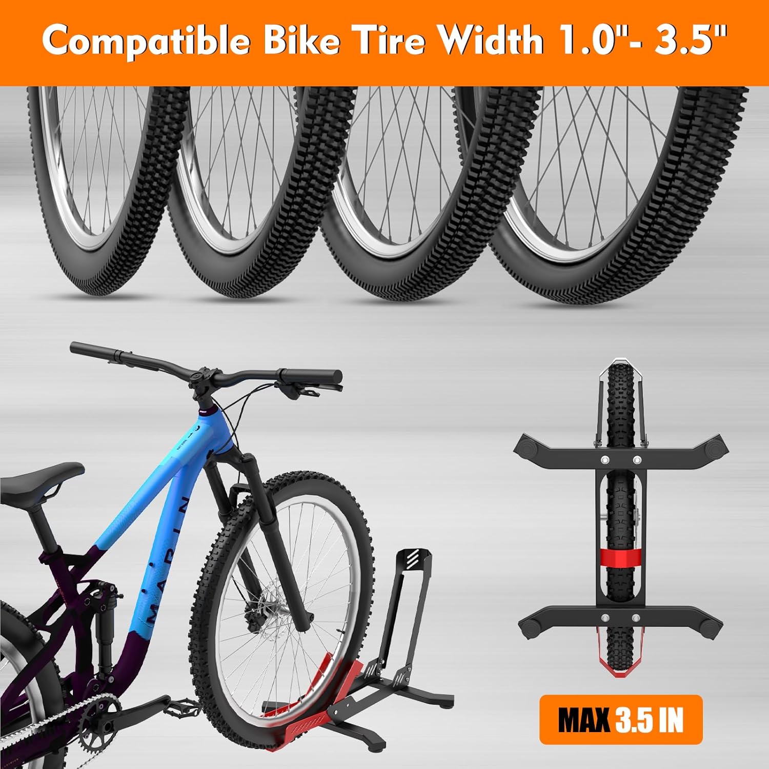 Bike Stand Floor, Portable Bike Storage for Garage - Fit for 24"-29" Bikes, Tire Width up to 3.5", Road & Mountain Bicycle Stand, Front and Rear Wheel Parking Rack - Red - Image 3