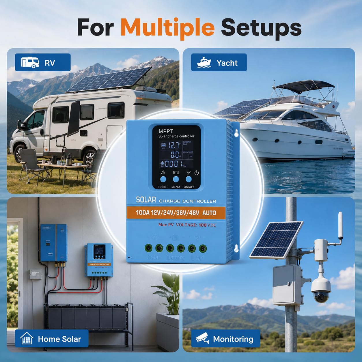 Regulador de carga solar MPPT de 100 A, 12 V, 24 V, 36 V, 48 V, LCD para baterías de plomo y litio | Detección automática de voltaje, circuitos de protección, montaje en pared compacto