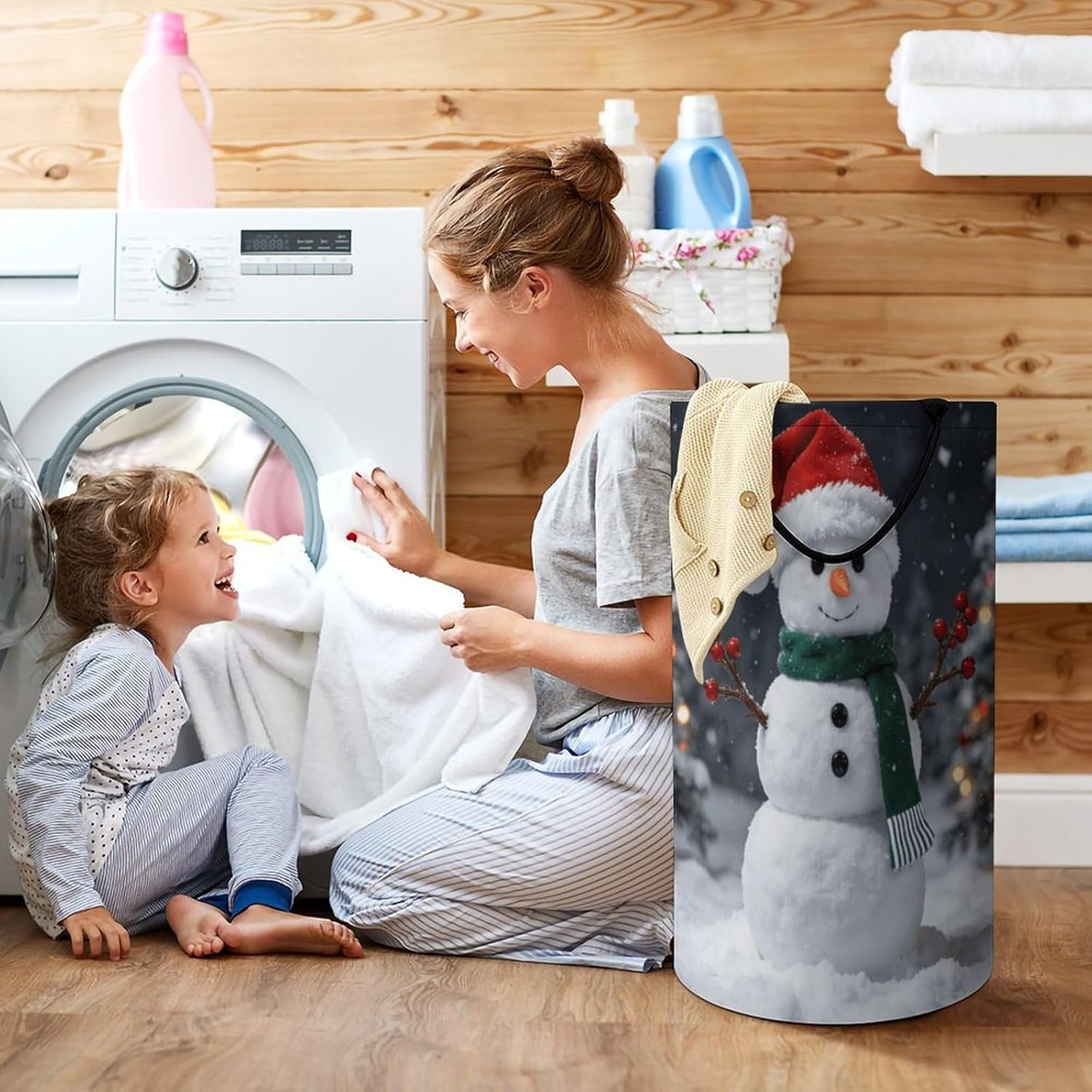 Red Santa Snowman Laundry Hamper with Handles Waterproof Collapsible Laundry Basket Large Lightweight Round Dirty Clothes Hamper for Home Dorm Bathroom Decor