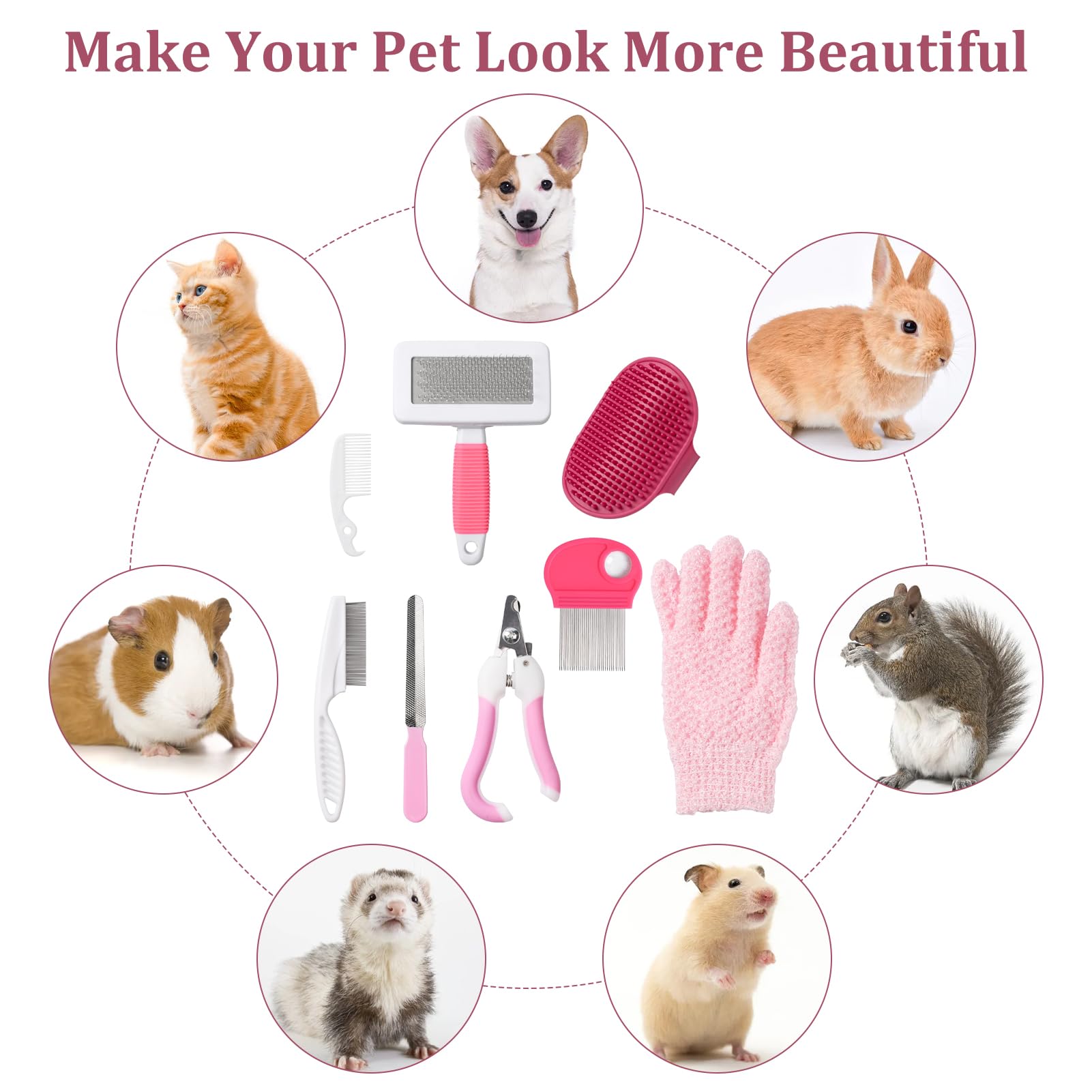 8 Pièces Kit de Toilettage pour Lapin avec Coupe-ongles,Lime,Peigne à Puces,Gant de Bain,Brosse pour la Perte de Poils,Peignes pour Animaux de Compagnie, Kit de Toilettage pour Petits Animaux