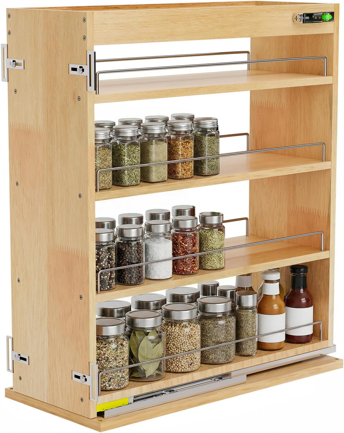 Pull Out Spice Rack Organizer for Cabinet, 8" W x 22.3" D x 25.2" H Multi-Use Solid Wood Slide Out Shelf for Kitchen Cabinet, Sliding Spice Rack for Cans & Jars, Pantry Organization