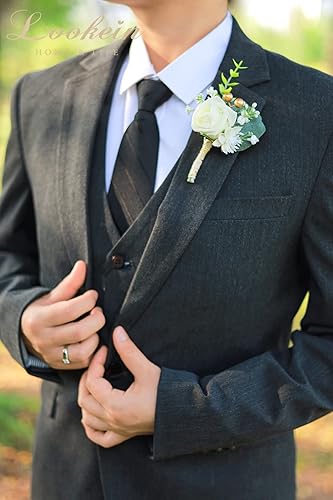 Miniatura 9 de Lookein Juego de 6 flores artificiales de color azul polvoriento para hombre, para boda, novio, solapa, padrinos de boda, ceremonia, aniversario,