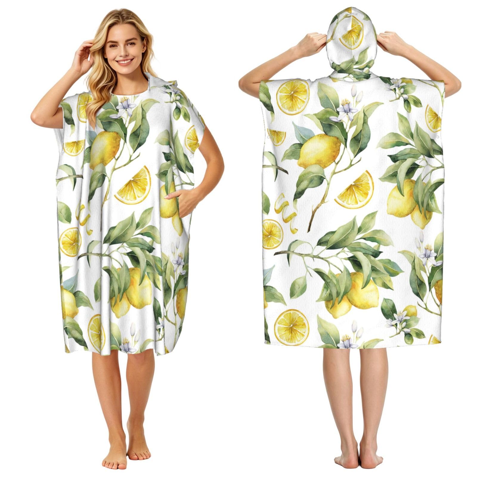 Poadnly Lemon Lemon, Adult Hooded Beach Towel 90 x 110 cm,Changing Bath Robe, Surf Poncho Towel For Women Men