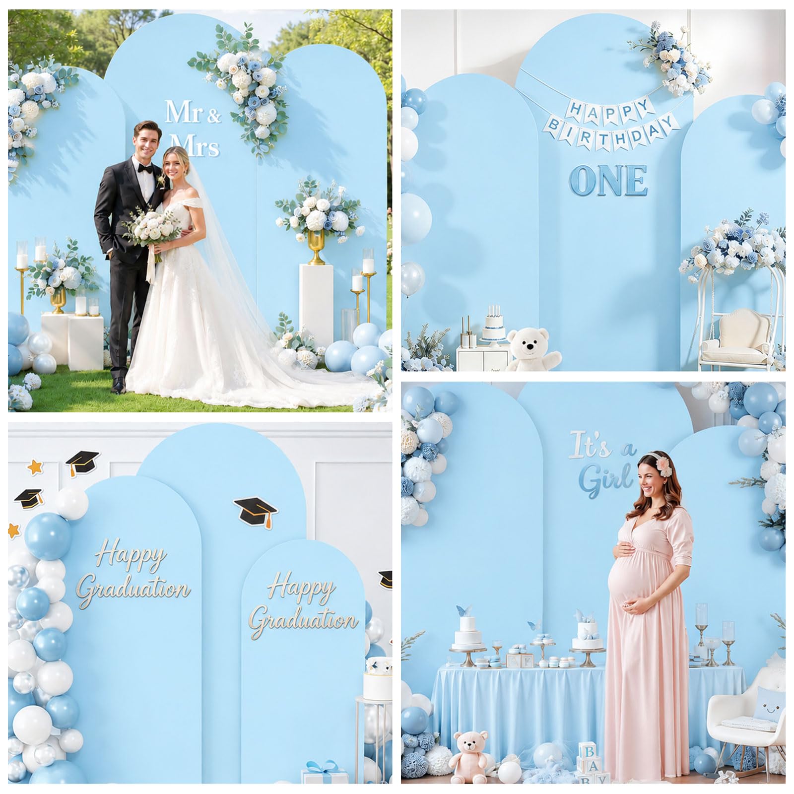 Arc de fond - Toile de fond double face avec dessus rond, fond photo pour mariage, anniversaire, cérémonie, fête et banquet (bleu, lot de 3)
