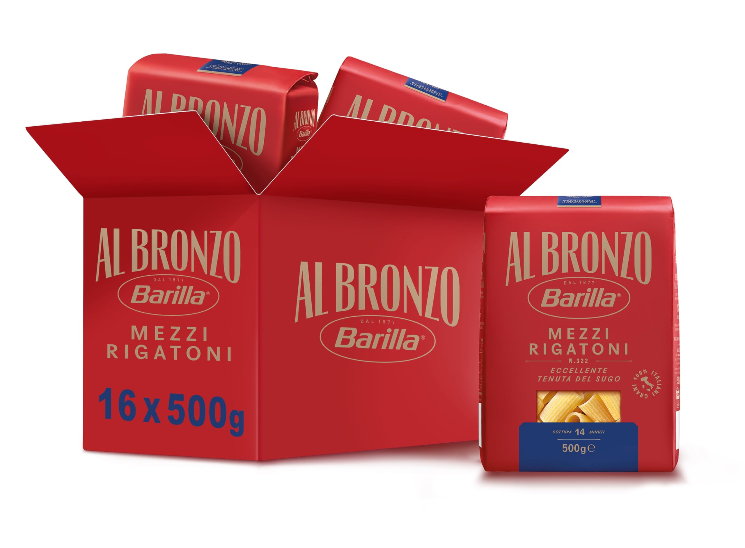 Barilla Pasta Al Bronzo Mezzi Rigatoni 100% Grano Italiano, Pasta Trafilata Al Bronzo con Lavorazione al Bronzo Grezzo, Formato Spesso e Corposo, Alta Tenuta di Sugo e Cottura, 16 Confezioni da 500 g