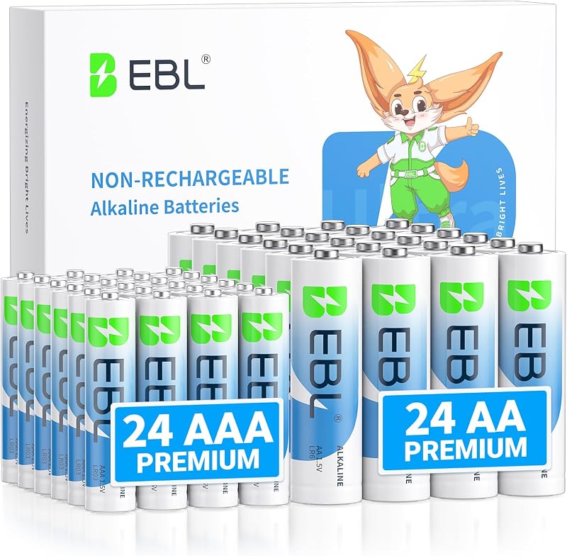 Pilas EBL AAA AA alcalinas de 1,5 V, paquete de 48, incluye 24 AA y 24 AAA | Batería triple A de 1,5 V, no recargable, sin mercurio, resistente a fugas, de alto rendimiento, ideal para controles remotos, juguetes y relojes