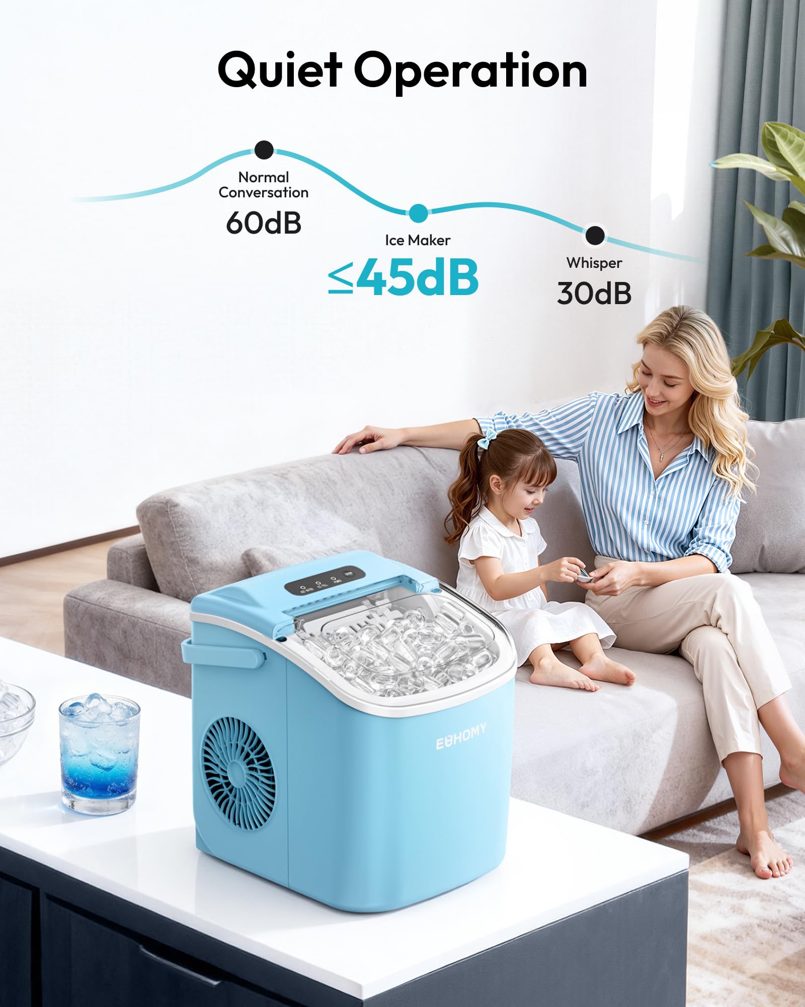 EUHOMY Countertop Ice Maker Machine with Handle, 26lbs Per Day, 9 Ice Cubes Ready in 6 Mins, Auto-Cleaning Portable Ice Maker with Basket and Scoop, for Home/Kitchen/Camping/RV (Blue) view 8