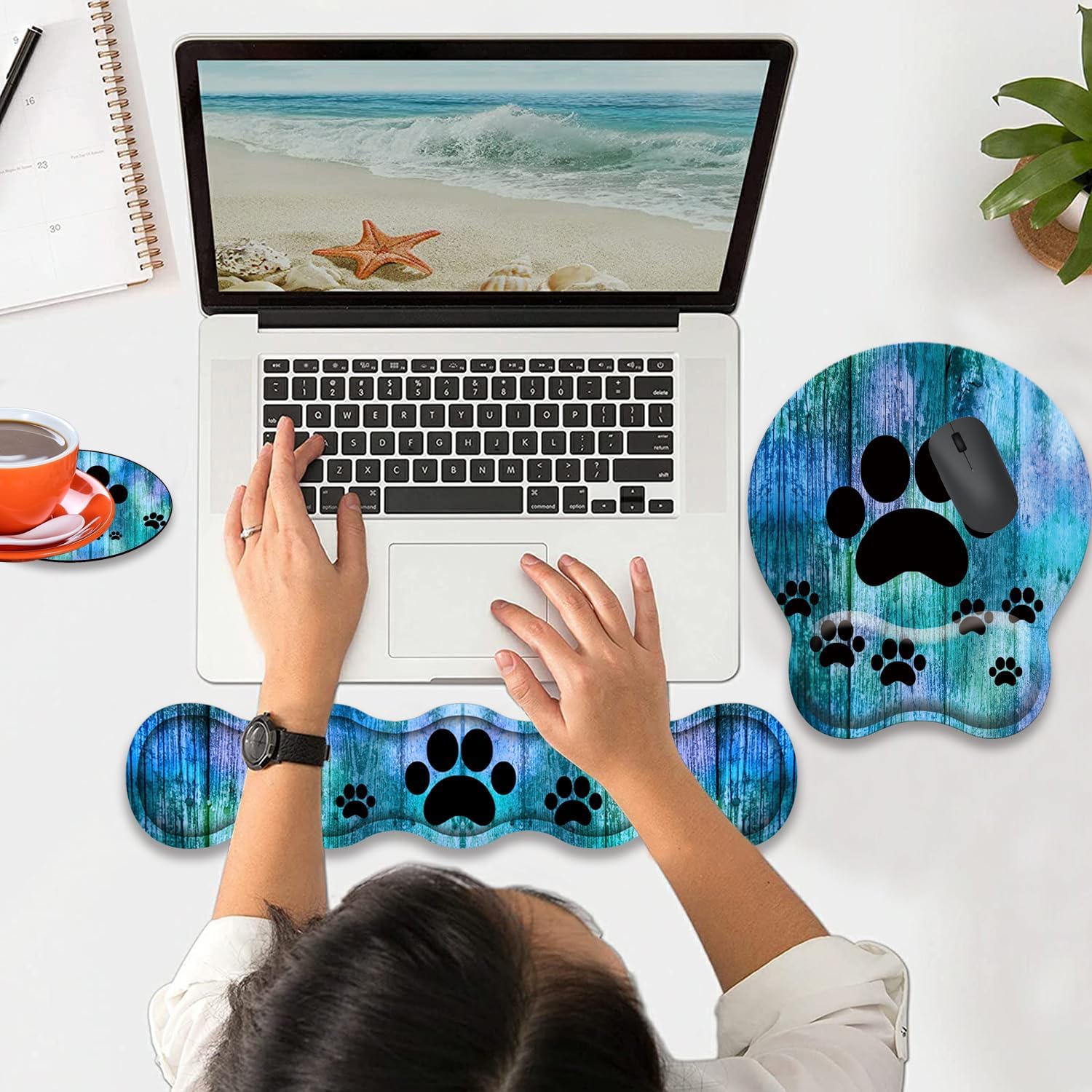 Mouse Wrist Rest and Keyboard Wrist Rest Pad Set, Non-Slip Rubber Base Smooth Surface Ergonomic Gaming Mouse Pad for Easy Typing and Pain Relief, Antique Blue Wood Grain Dog Paw + Coaster