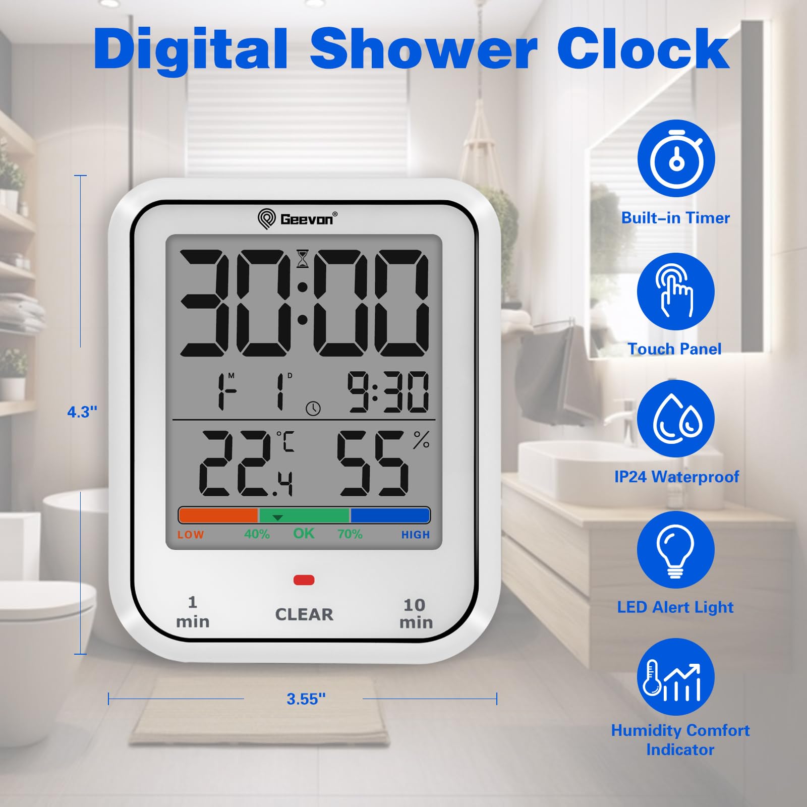 Horloge De Salle De Bain Numérique étanche IP65 - Avec Thermomètre, Hygromètre Et Minuteur De Douche - ADE