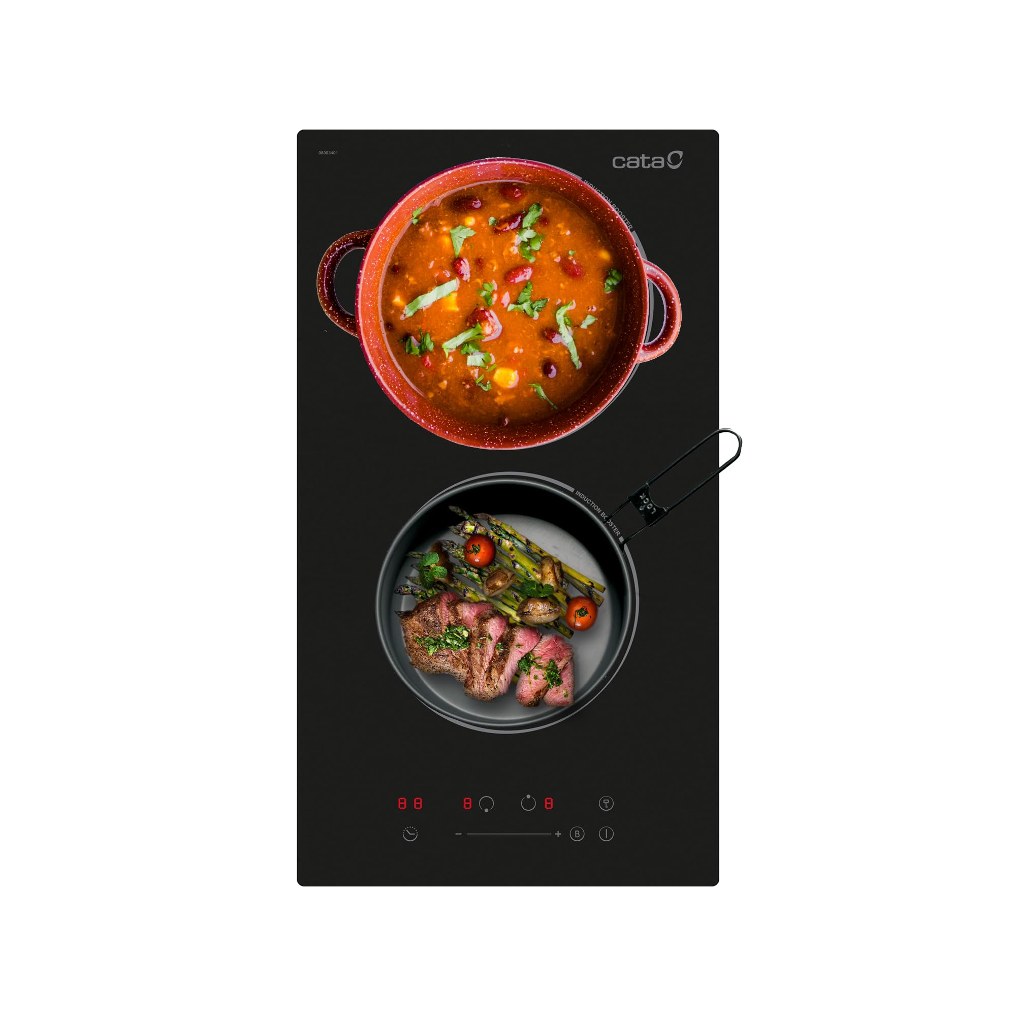 Cata Placa de Inducción ISB 3102 BK 2 Zonas de Cocción 9 Niveles de Potencia + Booster Ancho 30 cm Potencia 3,5 Kw Control Táctil Deslizante Alarma Función Temporizador Color Negro