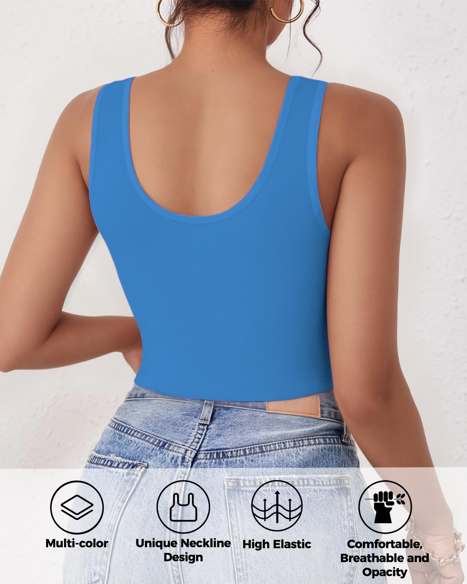 2-3 canottiere da donna, crop top senza maniche con scollo a U, crop top basic corto racerback per uscire magliette sportive atletiche, Bianco+blu navy, L
