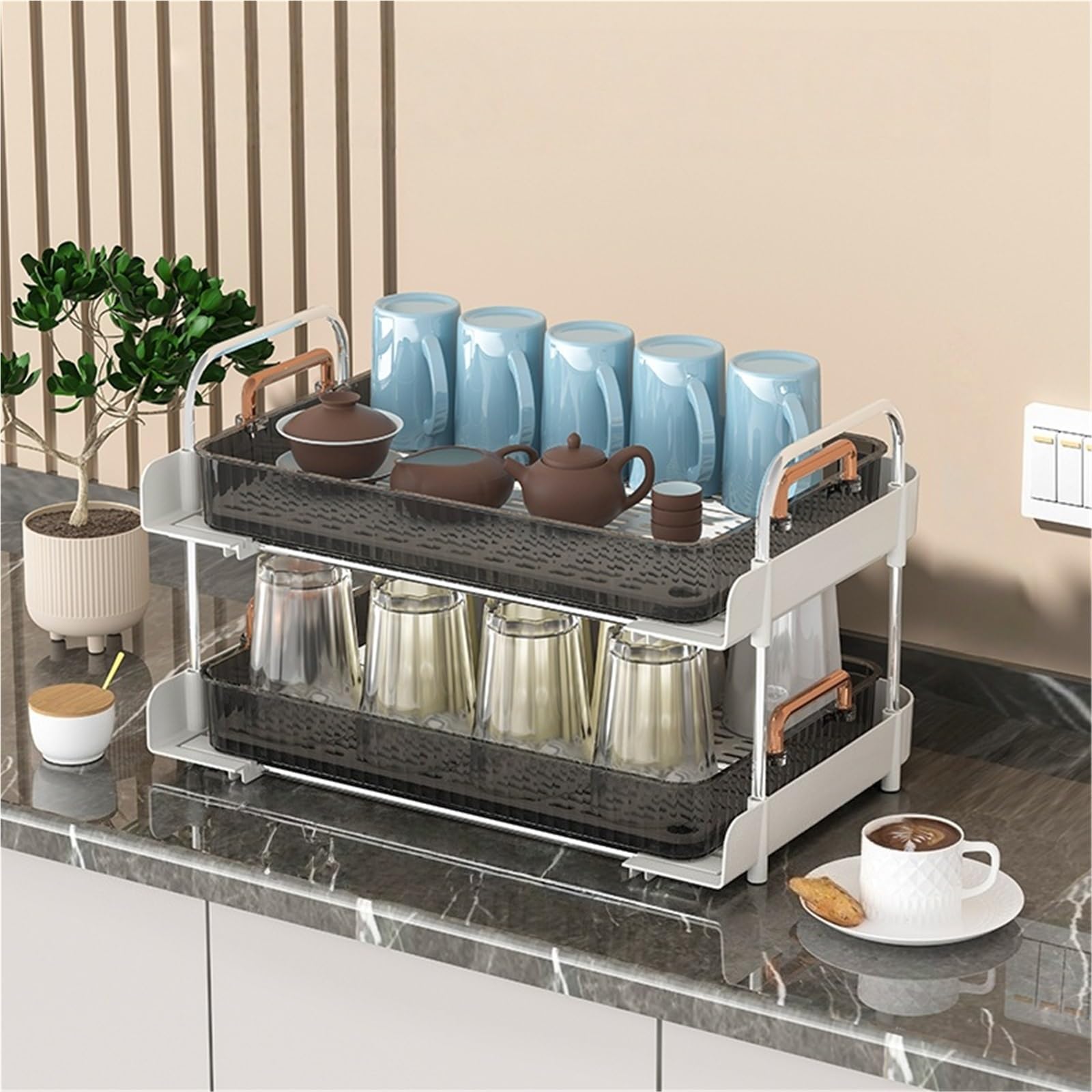 Eiauiuo Mug Draining Tray, Glass Drip Tray Countertop, Stainless Kitchen Drainer Rack 2 Tier Cup Organizer For Coffee Bar Sink Storage Anti Rust Space Saving
