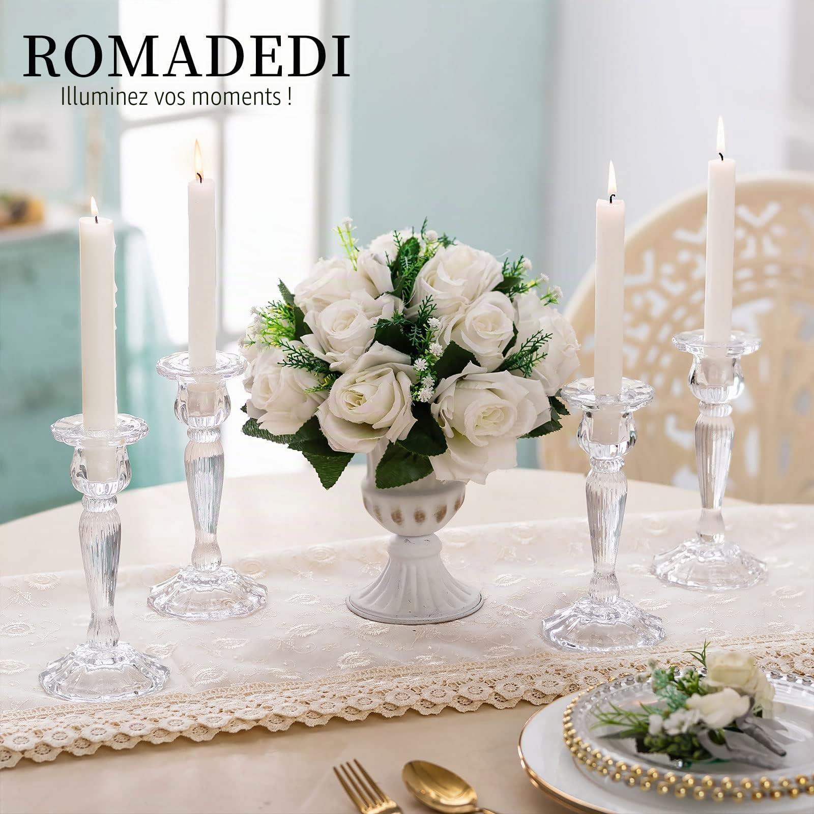 Romadedi Chandelier Bougeoir Verre Mariage - Lot de 4 Bougeoir Decoratif Transparent pour Noel Decoration Maison, Supports pour Bougies Coniques Centre de Table Salon Chambre 18cm