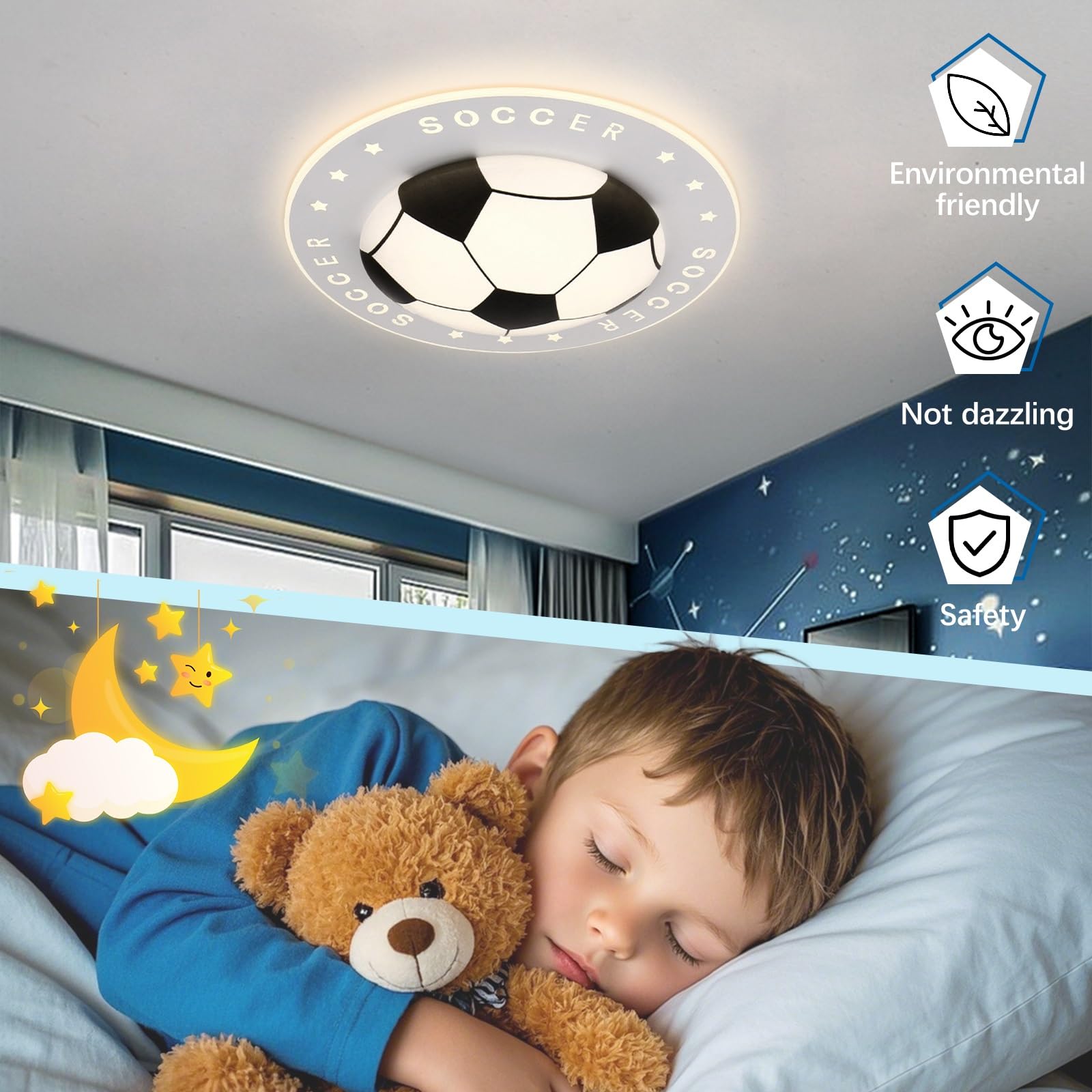Jadssox Lampa sufitowa LED z motywem piłki nożnej, żyrandol z motywem piłki nożnej, lampa sufitowa do pokoju dziecięcego, 3 tryby kolorów, oświetlenie sufitowe do pokoju chłopców(52cm)