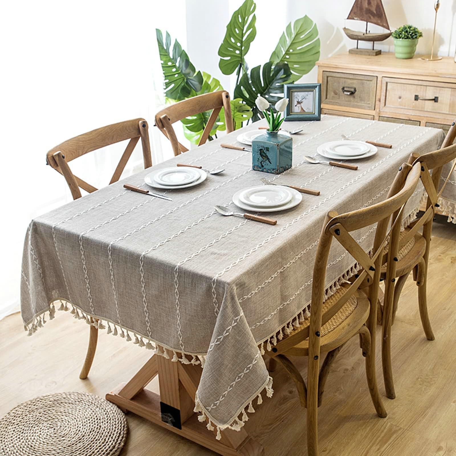 Gualiy Mantel Salon Rectangular, Poliéster Mantel de Cocina de Tela 120x180CM Mantel Cocina Impermeable Bordado Rayas con Borlas Manteles para Mesa de Centro, Caqui