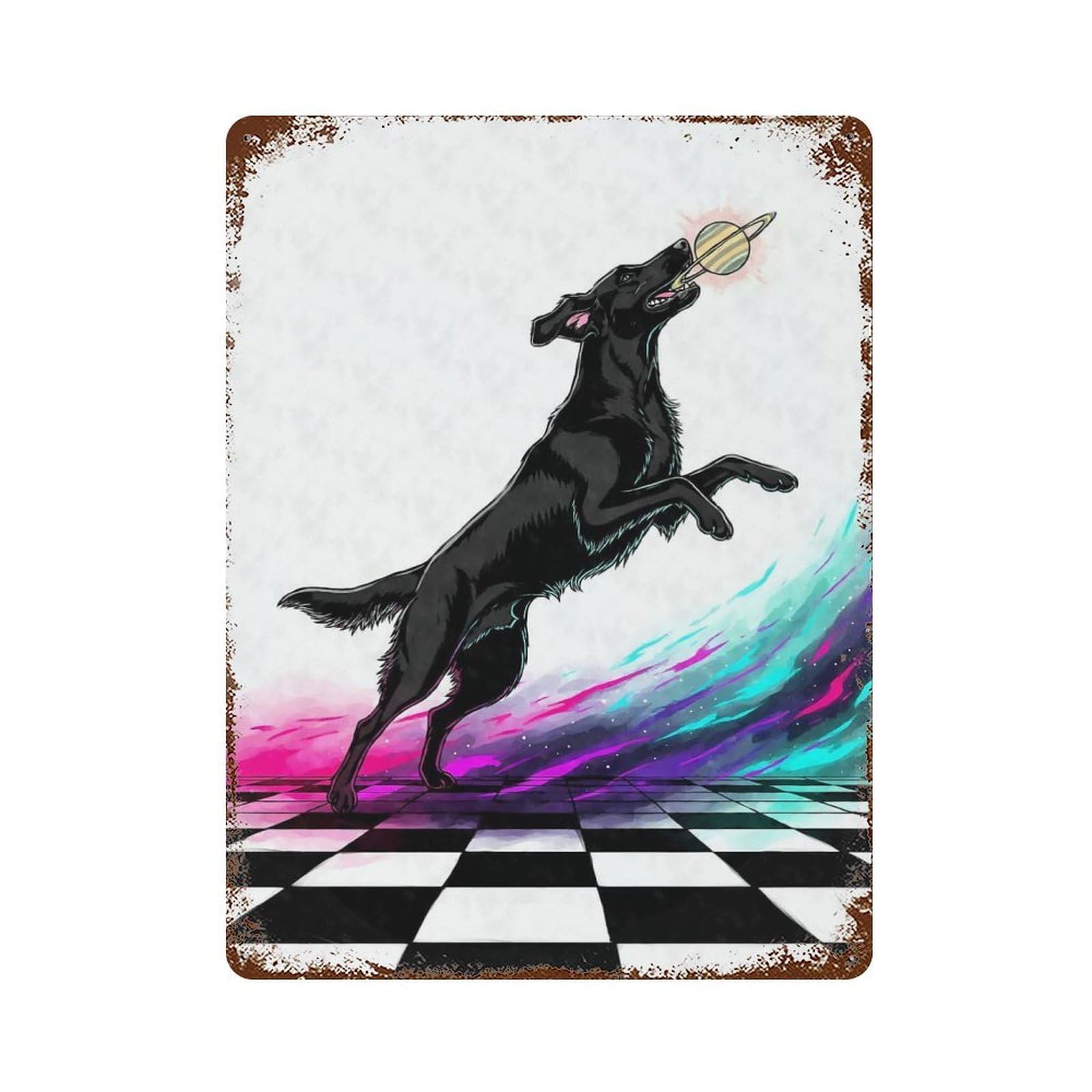 Dog Catching Planet Decorative Tin Sign 15.7"x11.8", Retro Wall Decor for Living Room, Hallway And Home Decor