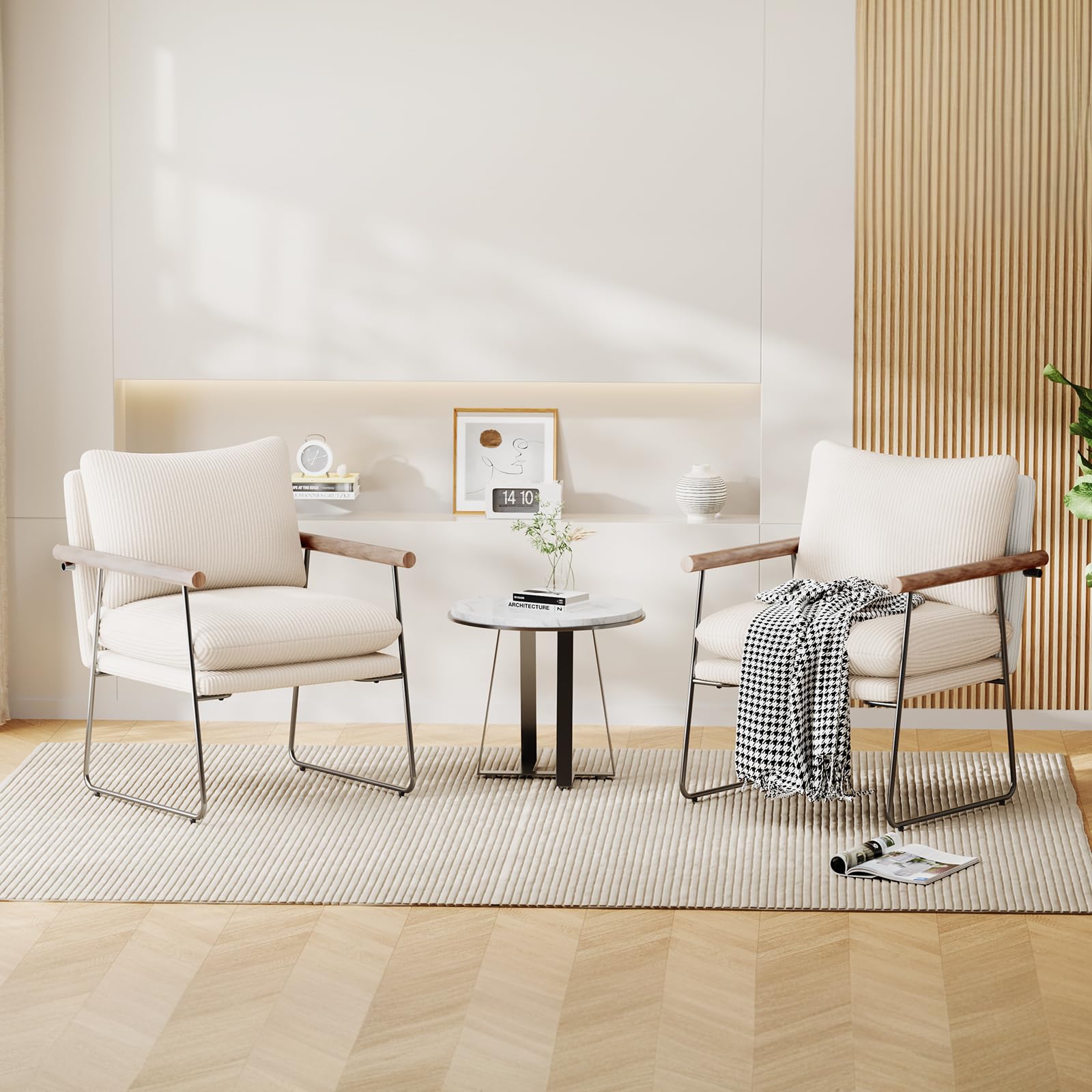 Poltrona Salotto Scandinava, Poltrona Camera da Letto con struttura in metallo, Poltroncina Imbottita Sedie Sala da Pranzo con Braccioli per Soggiorno Camera da Letto Sale da Pranzo, Beige