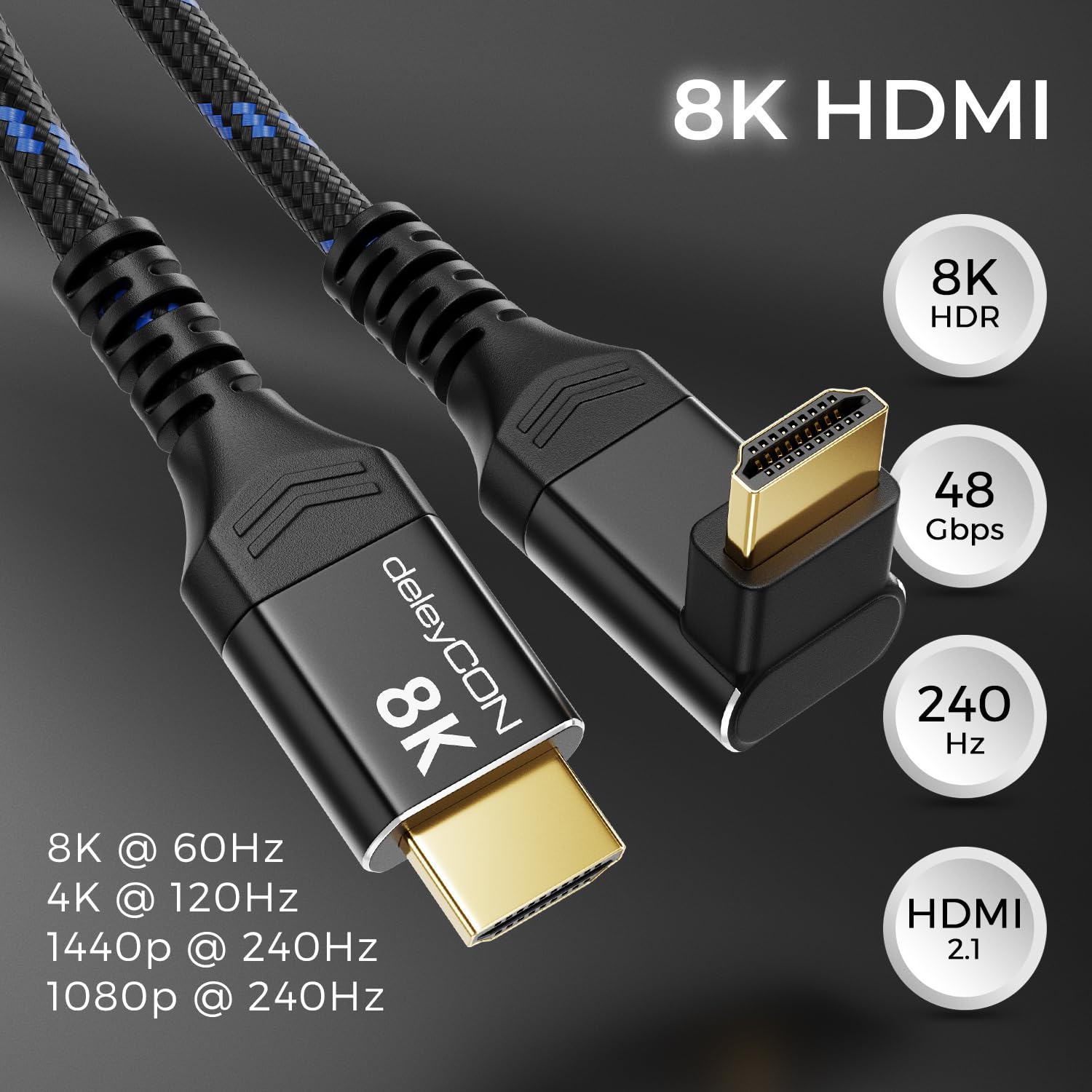 deleyCON HDMI 2.1 Cable 8K 1.5m Angled (90° Angle) for TV, Monitor, PS4, PS5, Soundbar Dolby Atmos and EARC, HDR10+ - Ultra High Speed Cable 48Gbps - 10K/8K@60Hz, 4K@120Hz/144Hz, 2K@240Hz - 5