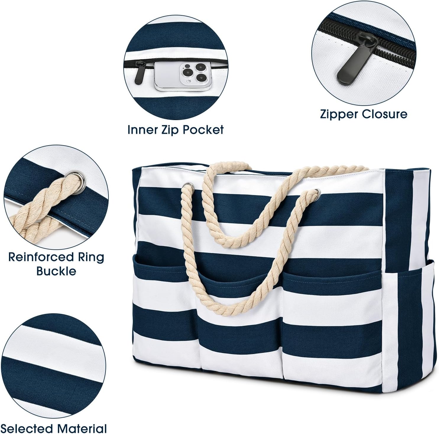 Becokan Beach Bags for Women Canvas Large Beach Tote Bag Zipper Waterproof Sandproof Foldable Swim Pool Bag with 7 Pockets