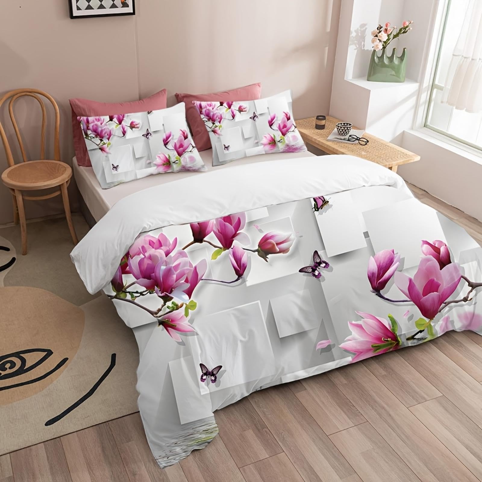 Parure de lit motif magnolia et housse de couette 180x220cm fleurs roses papillons