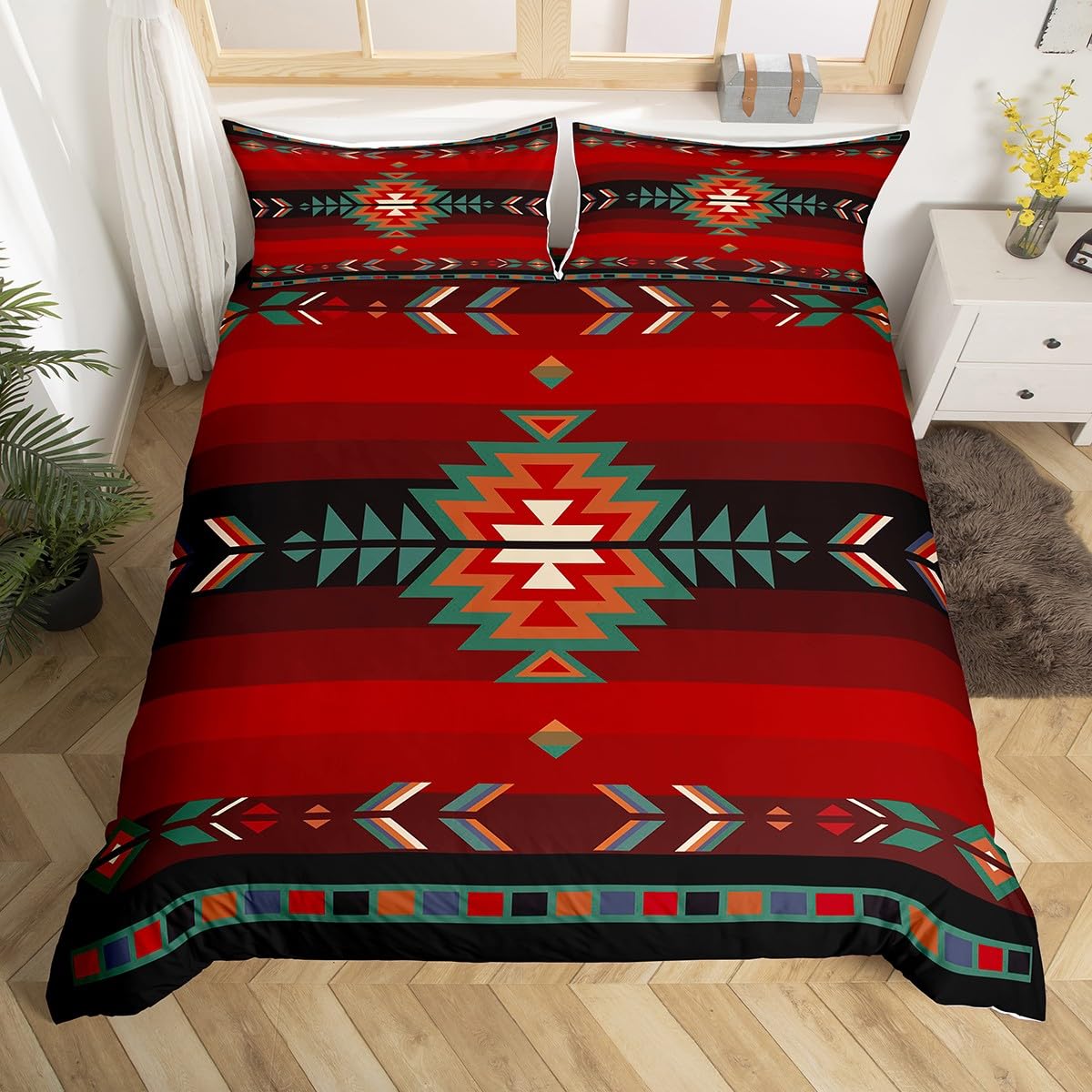 richhome Southwest Native Design Bed Cover Boys Girls Southwestern Geometric Duvet Cover for Kids Soft Tribal Bedding Set Red Green 2Pcs Single