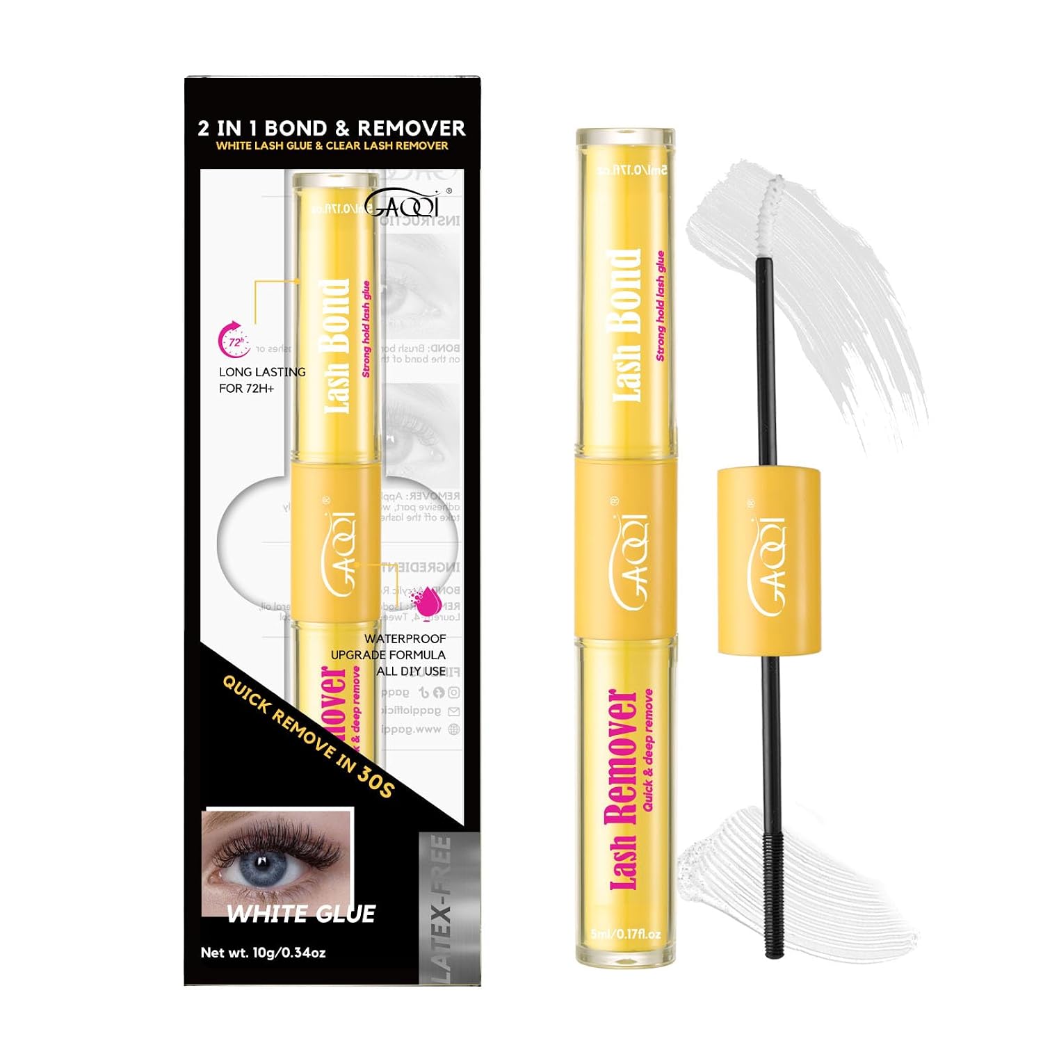 GAQQI Lash Bond and Seal Waterproof, Lash Cluster Glue Strong Hold for 72H+, White Eyelash Glue for DIY Eyelash Extensions, Long-Lasting & Gentle Formula, 10ml