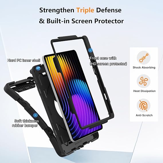 ROISKIN case for Xiaomi Mi Pad 7/7 Pro 112 inch 2024 with screen protector & shoulder strap & pen holderHeavy Duty Shockproof Military Xiaomi Pad 7 case360 Rotatable stand for childrenBlack
