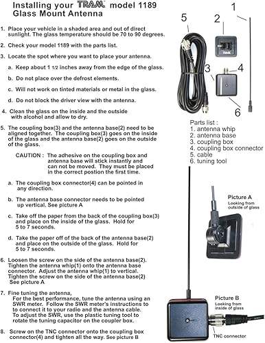Miniatura 8 de Tram 1189 Kit de antena de radio VHF preajustada de 50 vatios de 150 MHz a 158 MHz con montaje de vidrio y cable