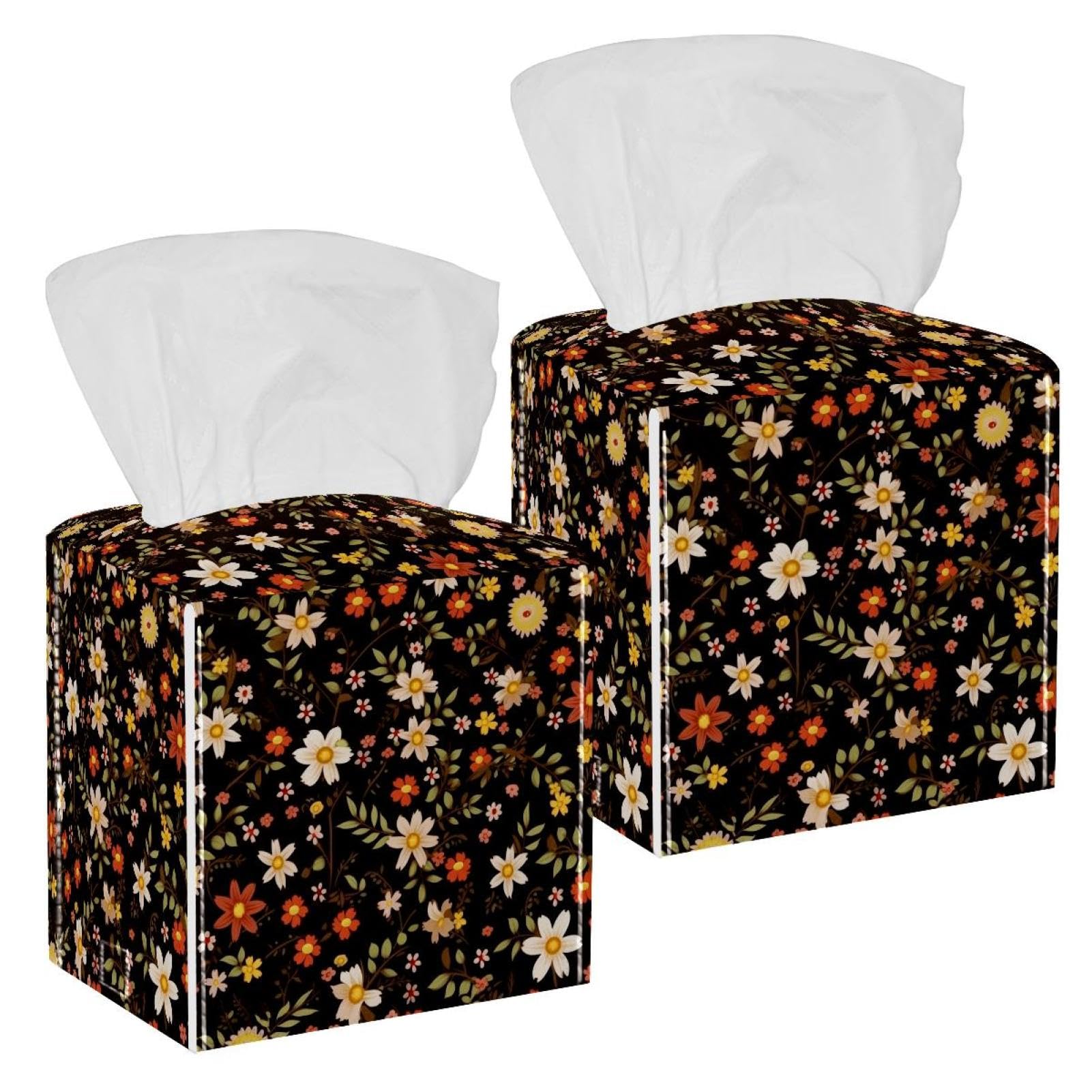 Flowers Tissue Box Cover, 2 Pack PU Leather Square Facial Tissue Dispenser Box holder for Home Office Car