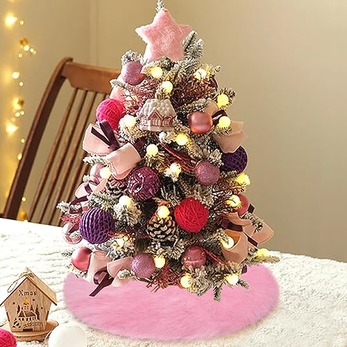Miniatura 7 de Sofevaim Mini falda de árbol de Navidad de piel sintética rosa, 15 pulgadas, miniatura de felpa esponjosa, decoración de Navidad nevada, alfombra de