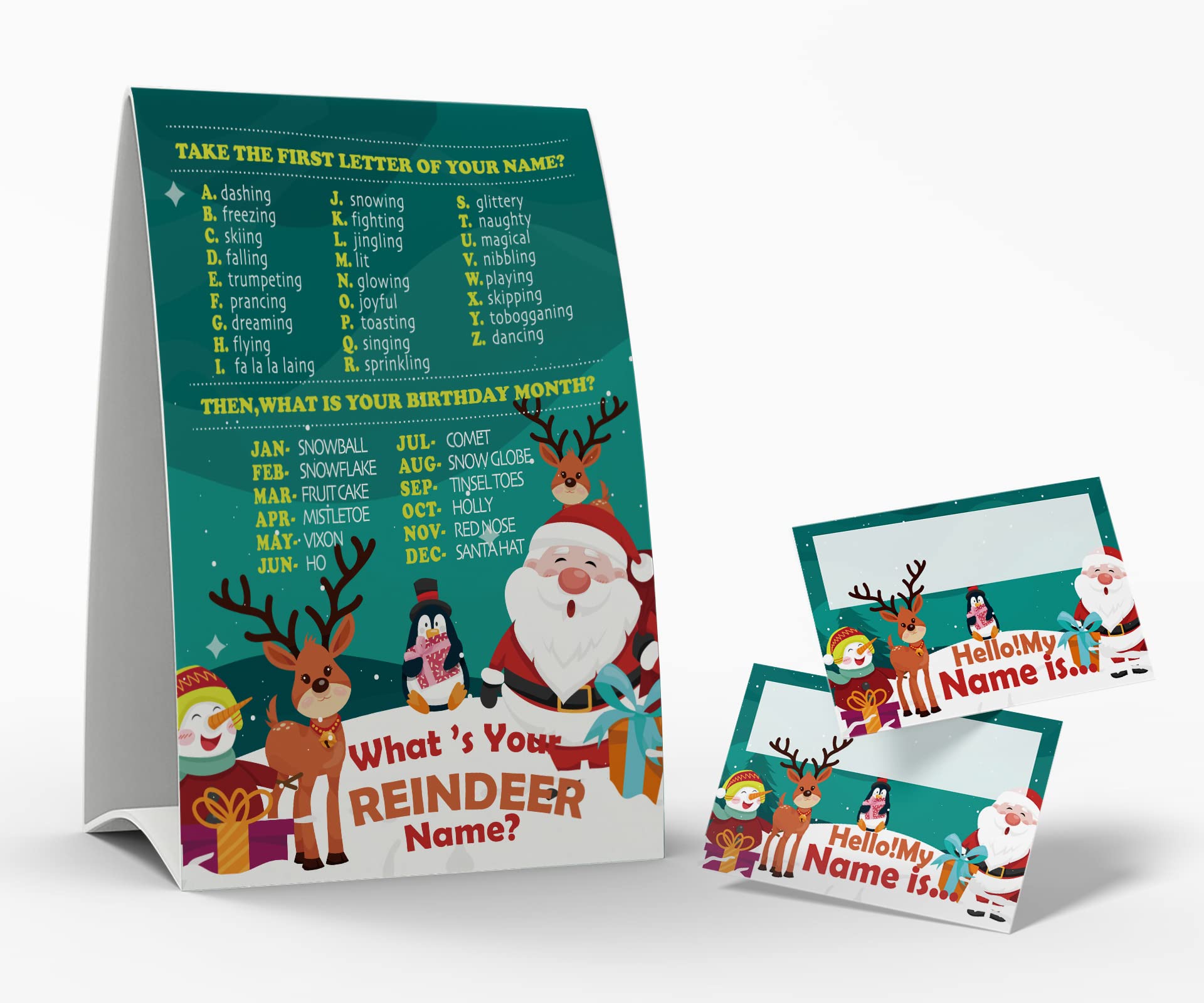 What's Your Reideer Name Game, 1 Reideer Theme Sign and 50 Name Tag Stickers, Christmas Party Games, Birthday Game for Kids and Adult Parties, Activity Game for Office or Class | JRKP011L