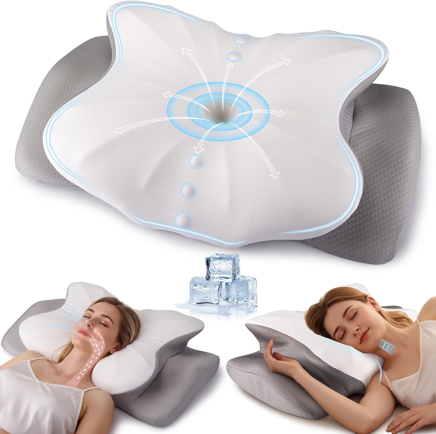 Cervical Pillow for Neck and Shoulder Support, Ergonomic Contour Pillow for Pain Relief, 2 Heights Cooling Memory Foam Orthopedic Pillow for Side Back Stomach Sleepers White Grey
