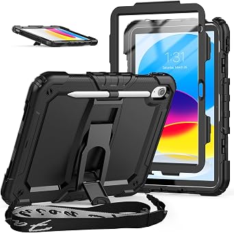 SEYMAC stock iPad A16 Case, 11th/10th Generation, Shockproof, Horizontal Kickstand with Protective Film Frame, Shoulder Strap, Pen Storage, Full Protective Cover Black