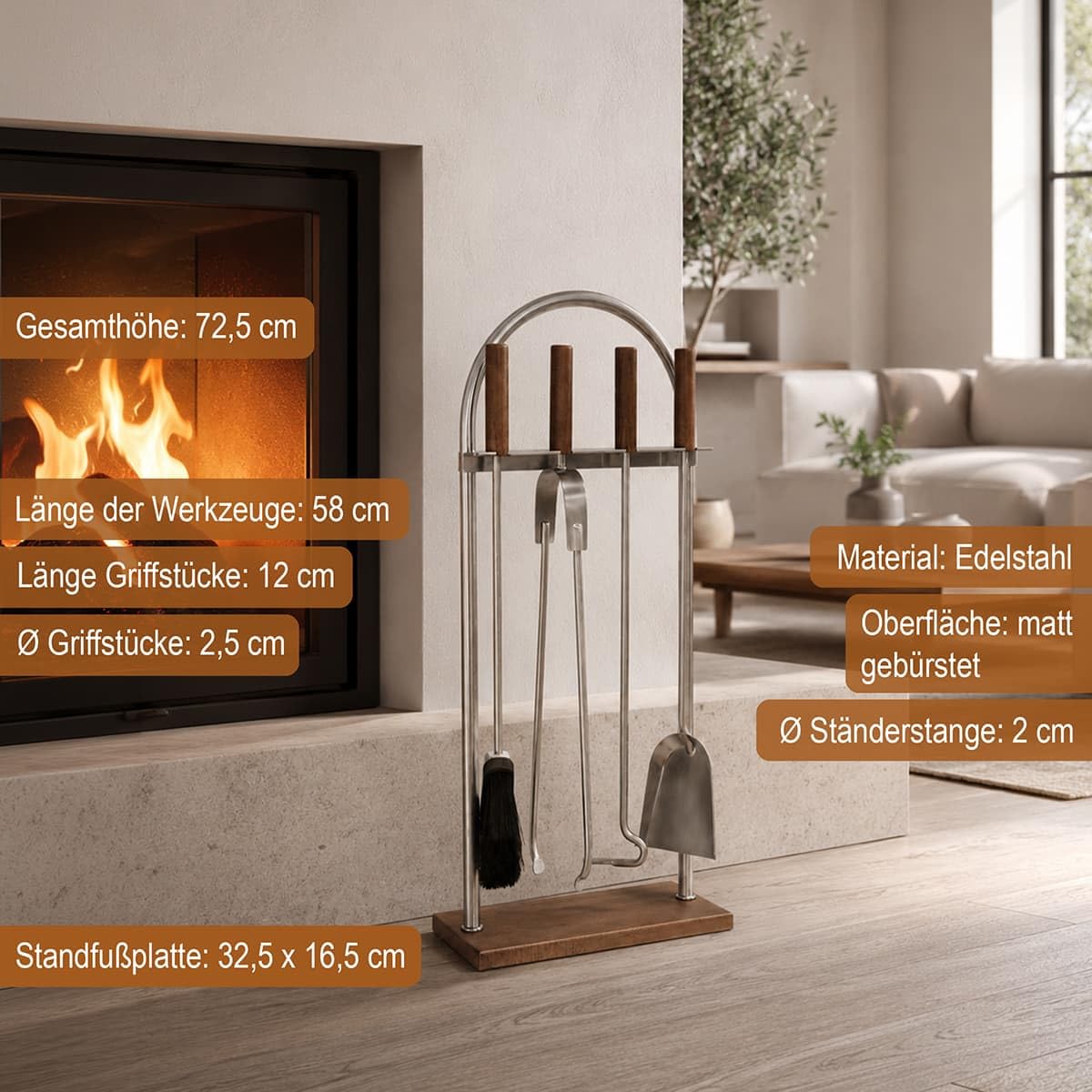 MS Beschläge Kaminbesteck Edelstahl Holz 5-teilig mit Ständer - Kamingarnitur mit Holzgriffen - Kaminwerkzeug Set aus Zange Schürhaken Schaufel & Besen - matt gebürstetes Ofenbesteck für Kaminofen