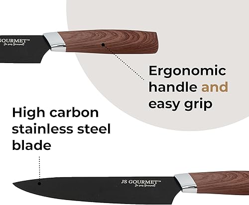 Miniatura 6 de Juego de 5 cuchillos con bloque de almacenamiento para cocina, cuchillas de acero inoxidable al carbono, cuchillos negros, asas ergonómicas de