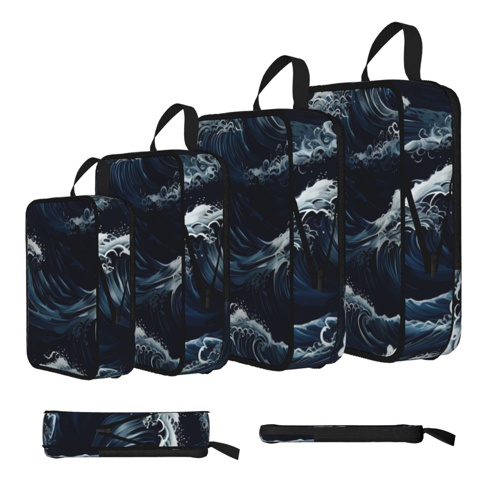 Ocean Waves in Blue Print Packing Cubes for Travel Space Saver Bags, Compression Packing Cubes Set of 4, Expandable Luggage Organisers, Suitcase Organiser Bags