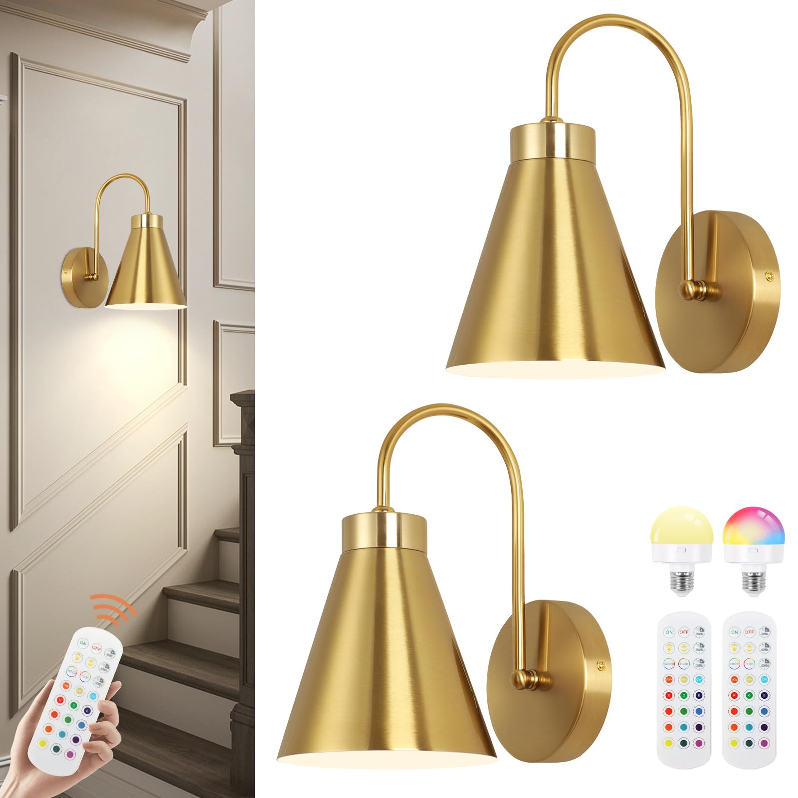 Battery Operated Wall Lights, Gold Rechargeable Wall Light Indoor with Remote and RGB LED Bulb, Dimmable 18 Colors Wireless Wall Lamps for Indoor Bedroom,Bedside Decor,Living Room,Hallway 2-Pack