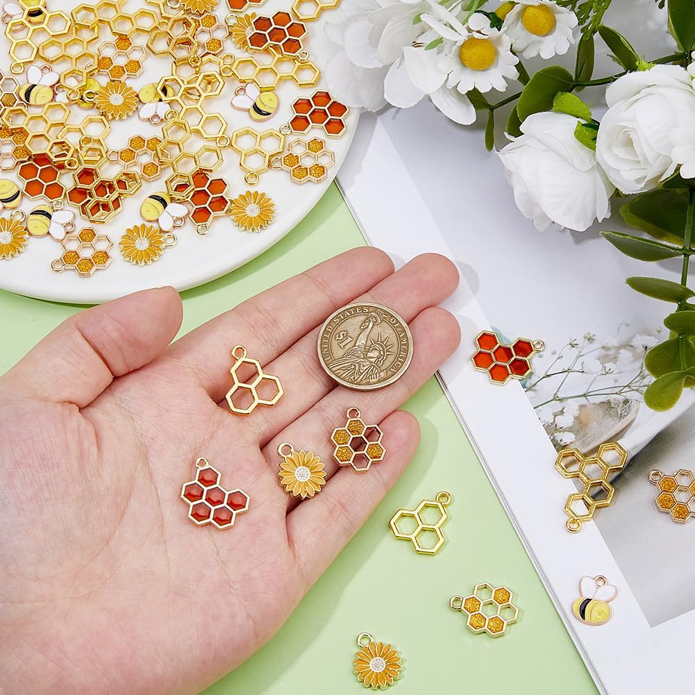 60Pcs Honeycomb Bee Charms 6 Styles Enamel Honeybee Daisy Flower Charms Alloy Cute Bee Honeycomb Hollow Pendant for Jewelry Necklace Bracelets Earrings Making DIY Crafts - Image 3